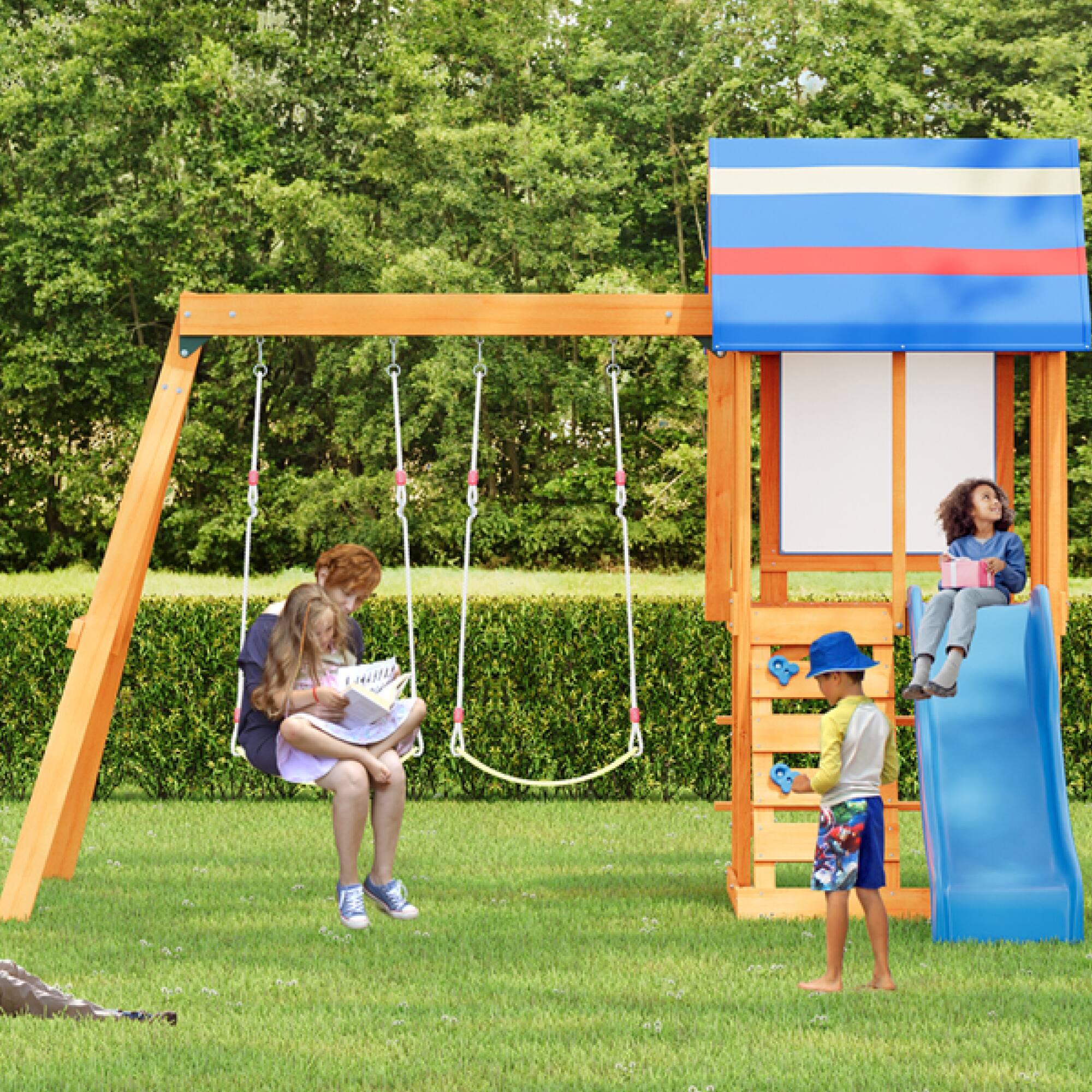 Alt View 4. ELEMENT ACE - Outdoor Wooden Swing Set with Slide, Swings, and Climbing Wall for Backyard and Garden Play.
