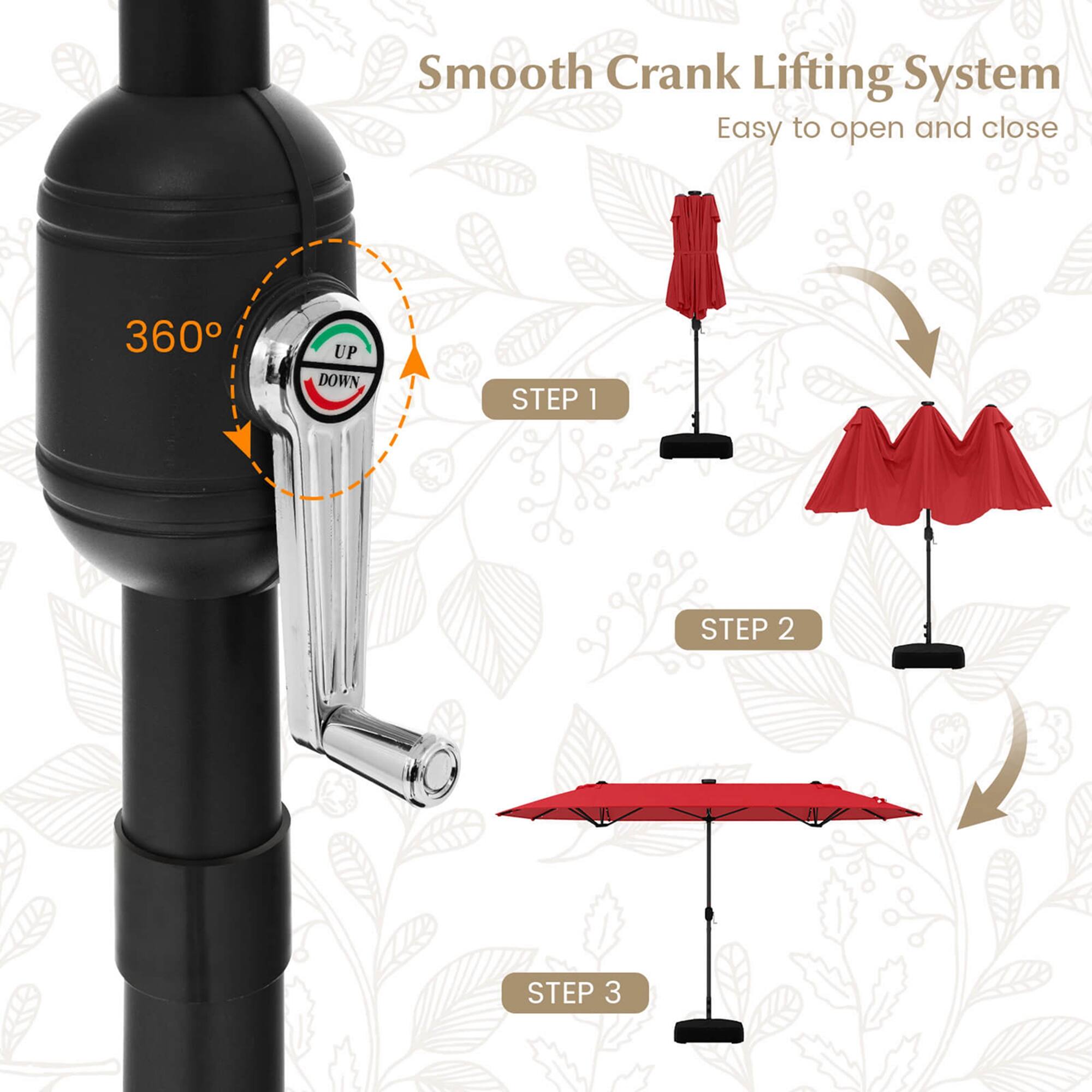 Smooth Crank Lifting System, Easy to open and close, 360°, UP, DOWN, STEP 1, STEP 2, STEP 3