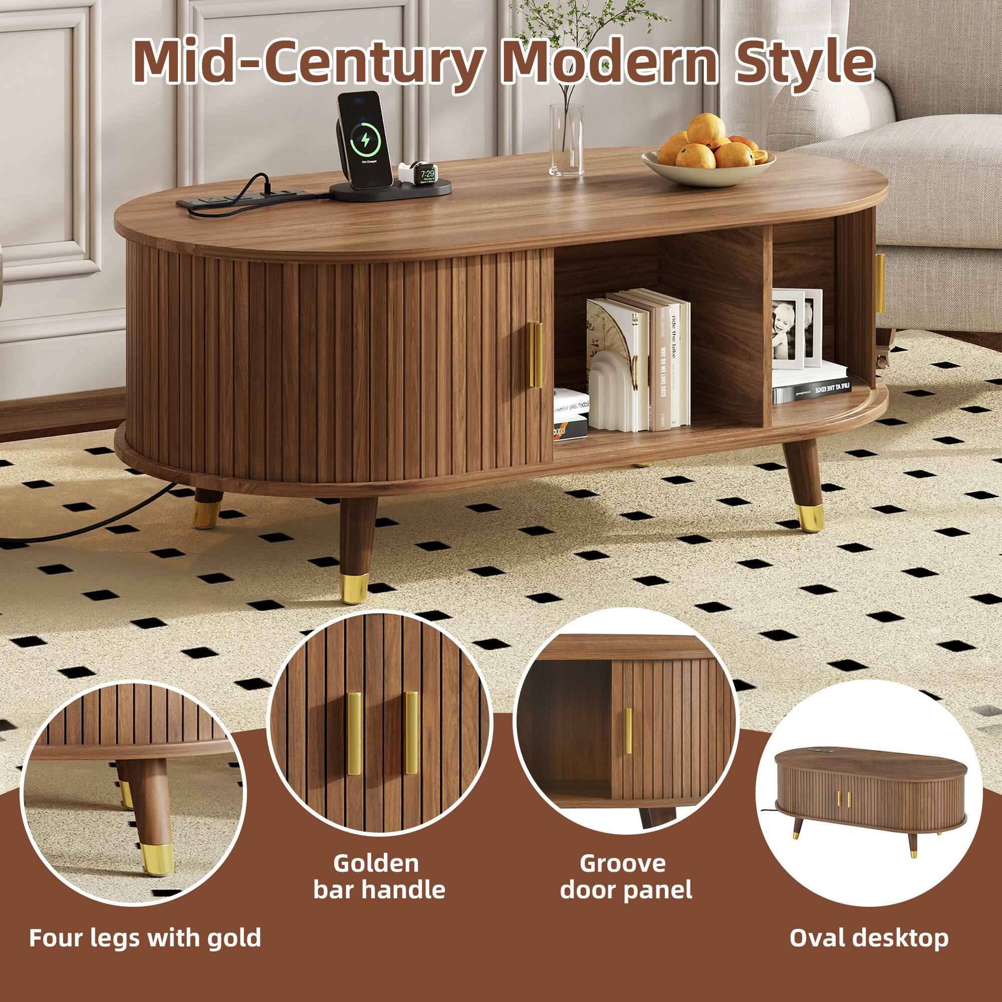 Mid-Century Modern Style

- Four legs with gold
- Golden bar handle
- Groove door panel
- Oval desktop