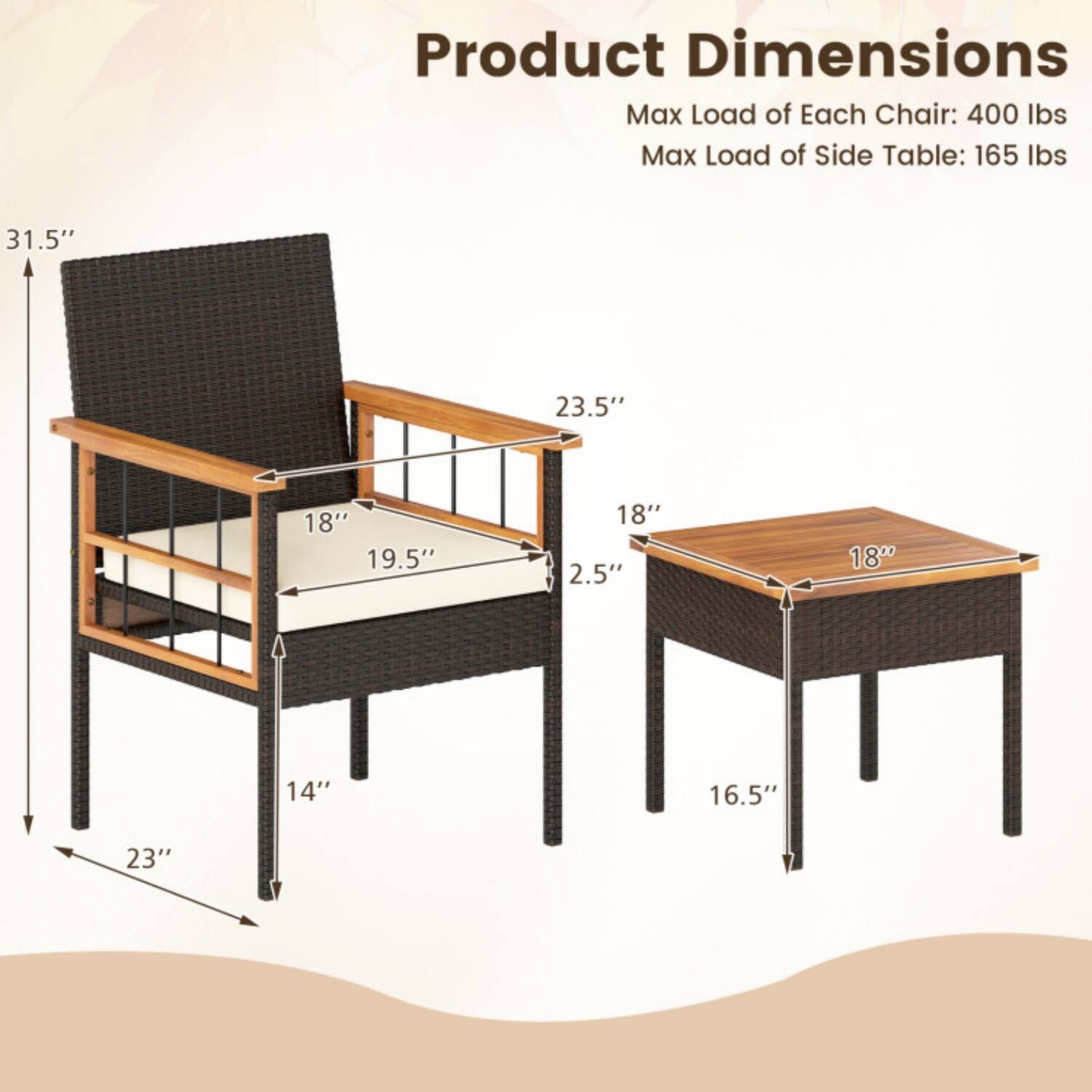 Product Dimensions  
Max Load of Each Chair: 400 lbs  
Max Load of Side Table: 165 lbs  

31.5"  
23.5"  
18"  
19.5"  
18"  
2.5"  
18"  
14"  
16.5"  
23"