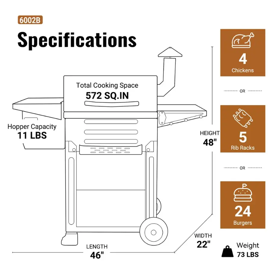 6002B Specifications

4 Chickens
Total Cooking Space 572 SQ.IN
Hopper Capacity 11 LBS
HEIGHT 48"
5 Rib Racks
OR
24 Burgers
LENGTH 46"
WIDTH 22"
Weight 73 LBS