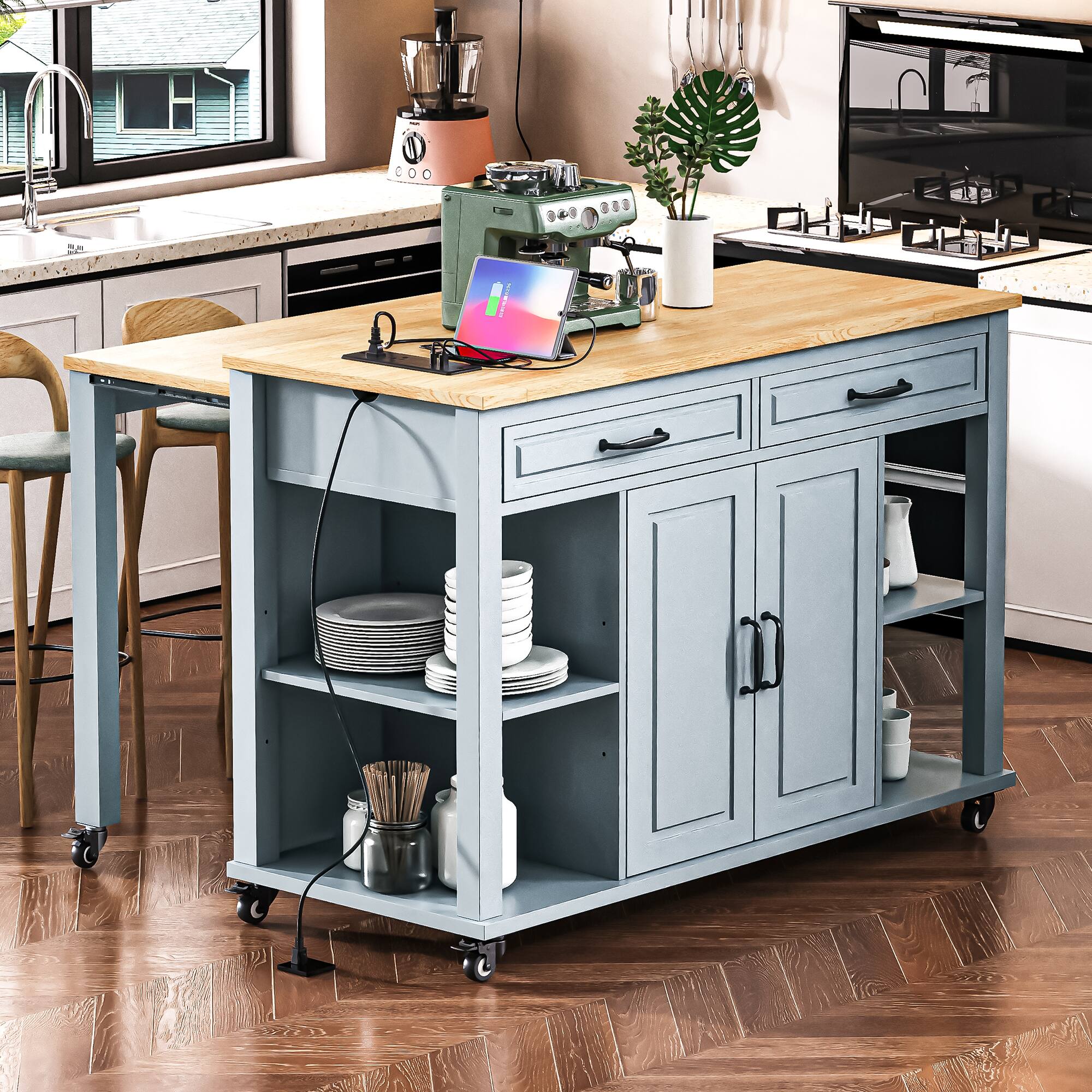 Angle. PexFix - 47" Kitchen Island with Extendable Table & Power Outlet - Rolling Cart with 2 Drawers, 2 Cabinets & Rubber Wood Top - Gray.