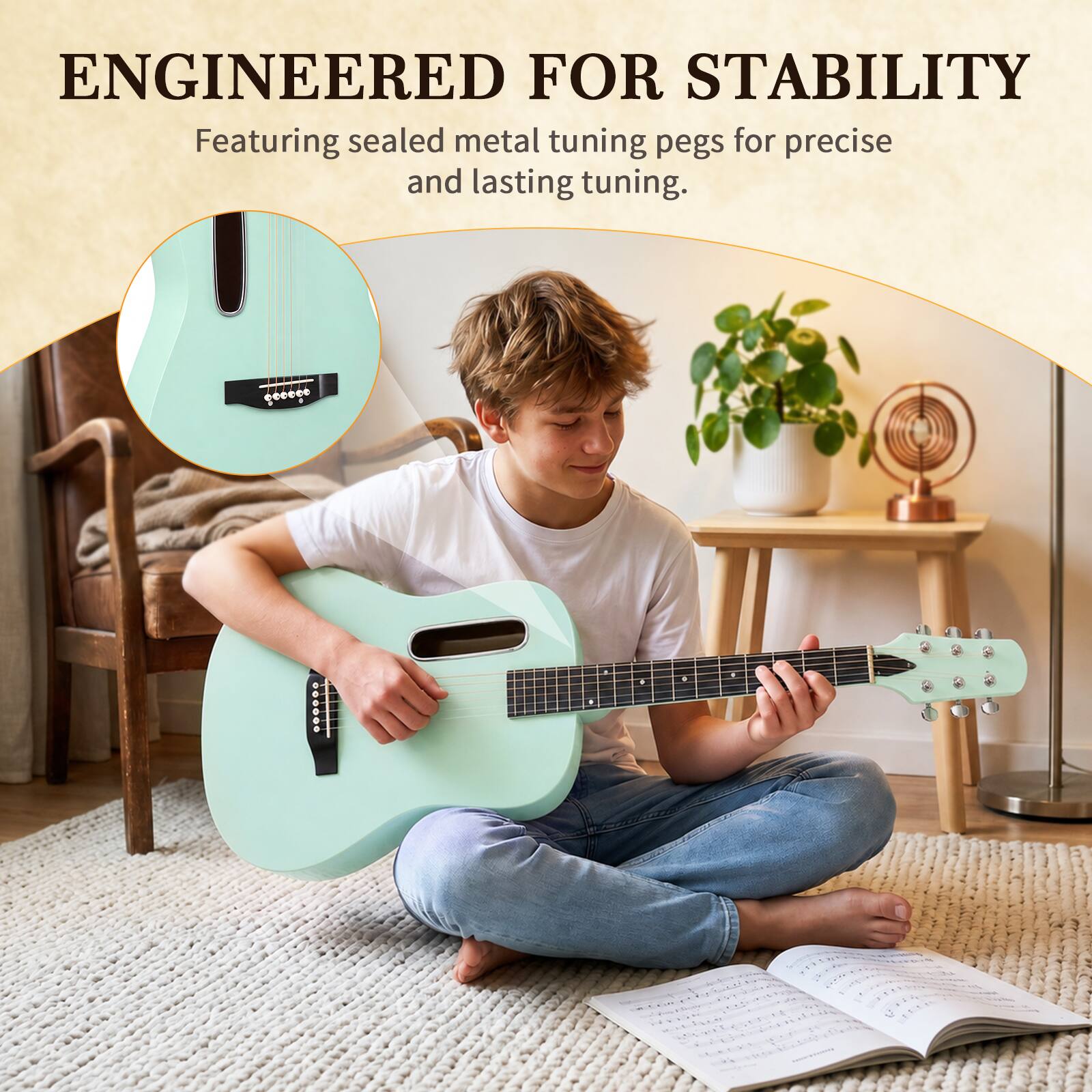 ENGINEERED FOR STABILITY  
Featuring sealed metal tuning pegs for precise and lasting tuning.