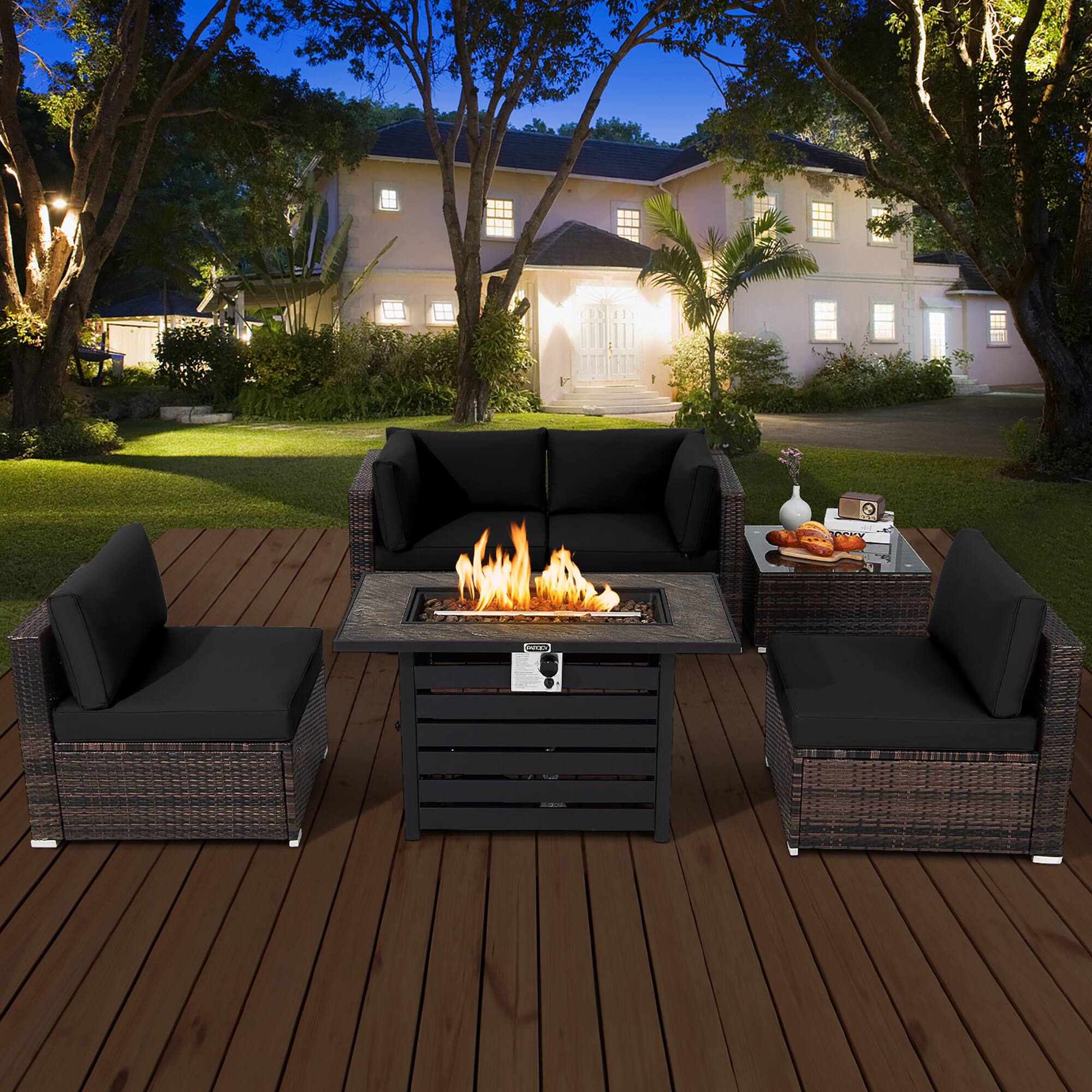 Alt View 2. Costway - Costway 6PCS Patio Rattan Furniture Set 42" Fire Pit Table Cover Sofa Cushion - Mix Brown,Black.