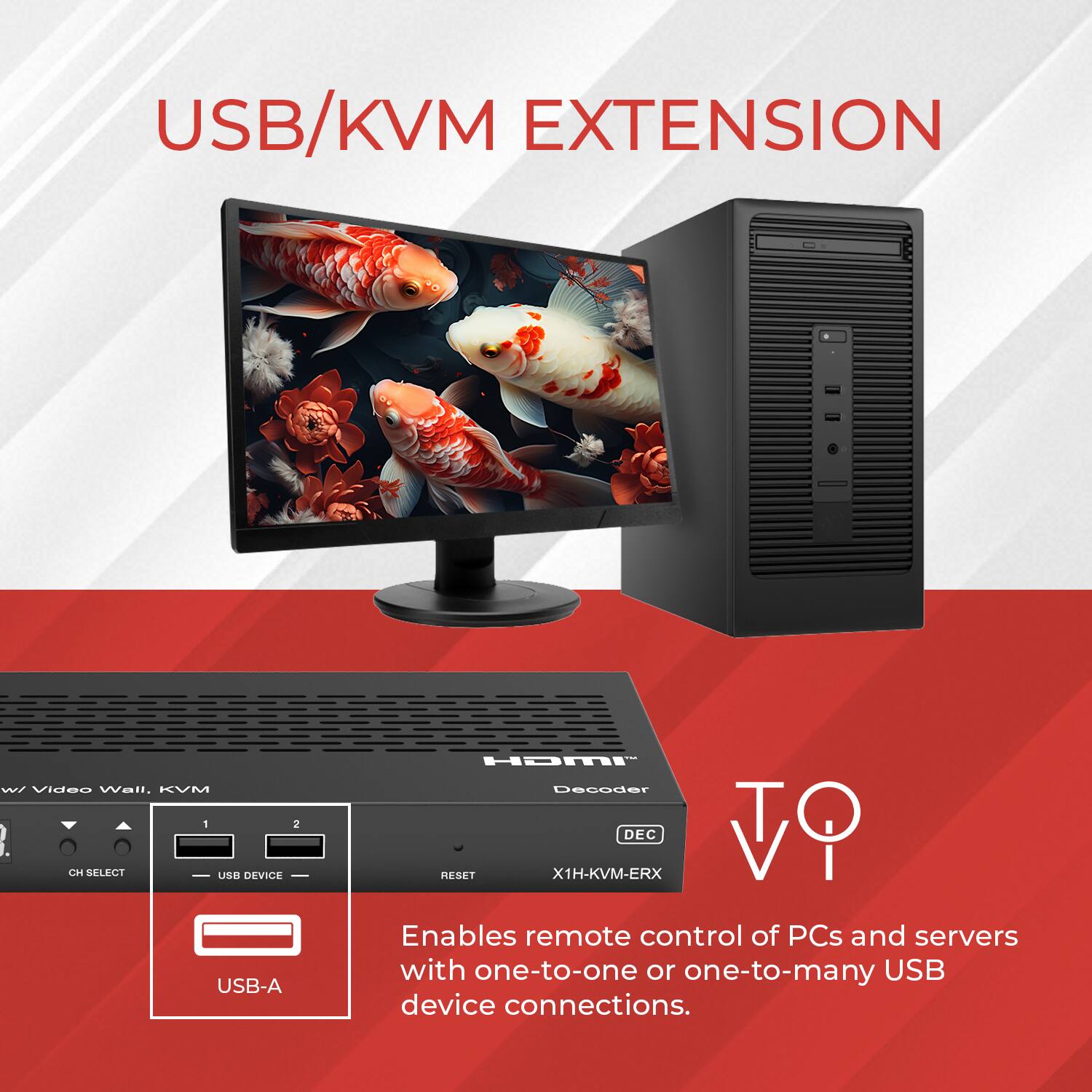 USB/KVM EXTENSION  
w/ Video Wall, KVM  

X1H-KVM-ERX  
Decoder  

Enables remote control of PCs and servers with one-to-one or one-to-many USB device connections.  

CH SELECT  
USB DEVICE  
USB-A  
RESET