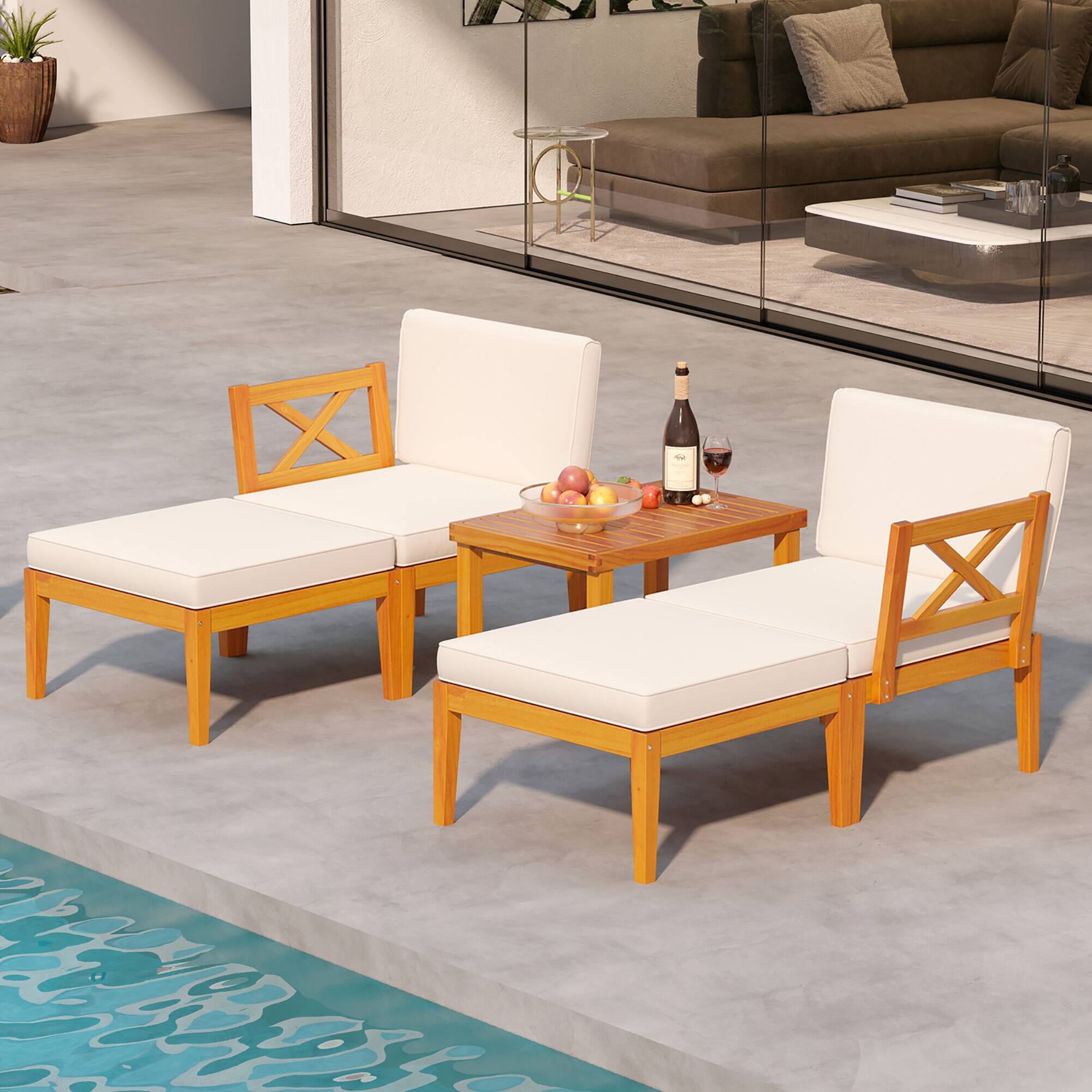 Alt View 4. Gymax - Gymax 5 PCS Acacia Wood Patio Chaise Lounge Chair Set w/ 2-Tier Coffee Table Cushions - Off White.