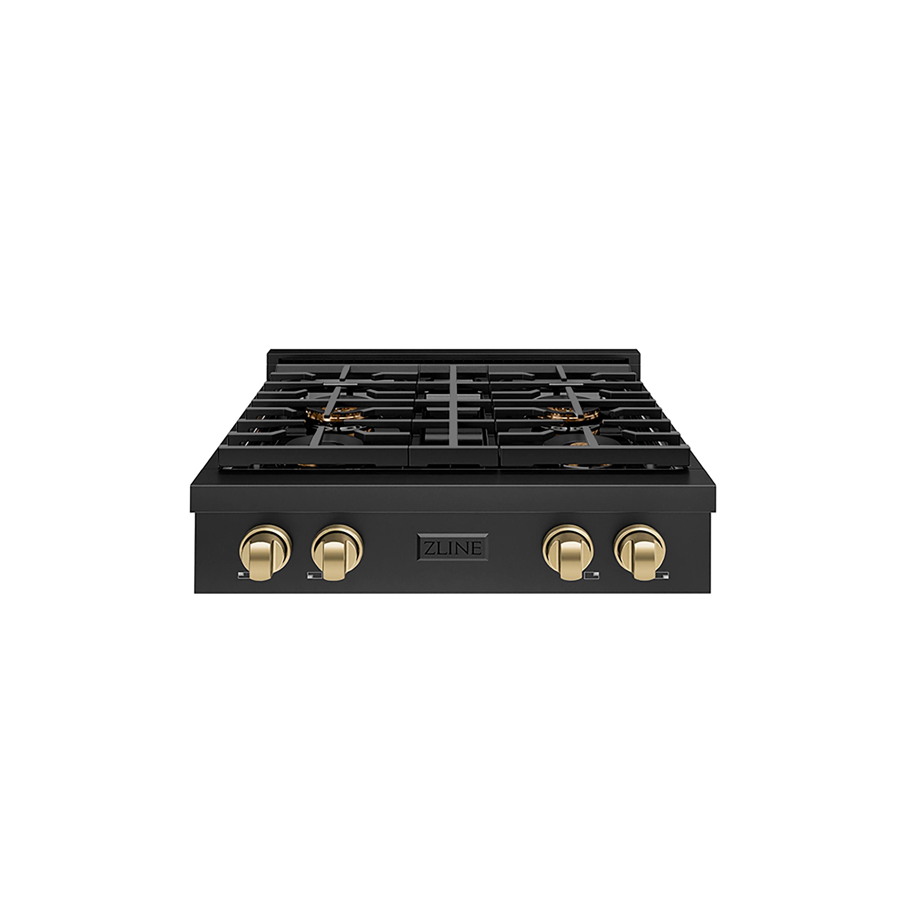 Front. ZLINE - ZLINE Autograph 30 in. Black Steel Paramount Gas Cooktop with 4 DuoPro Burners and Bronze Accents (PSRTBZ-30-CB) - Black Stainless Steel.