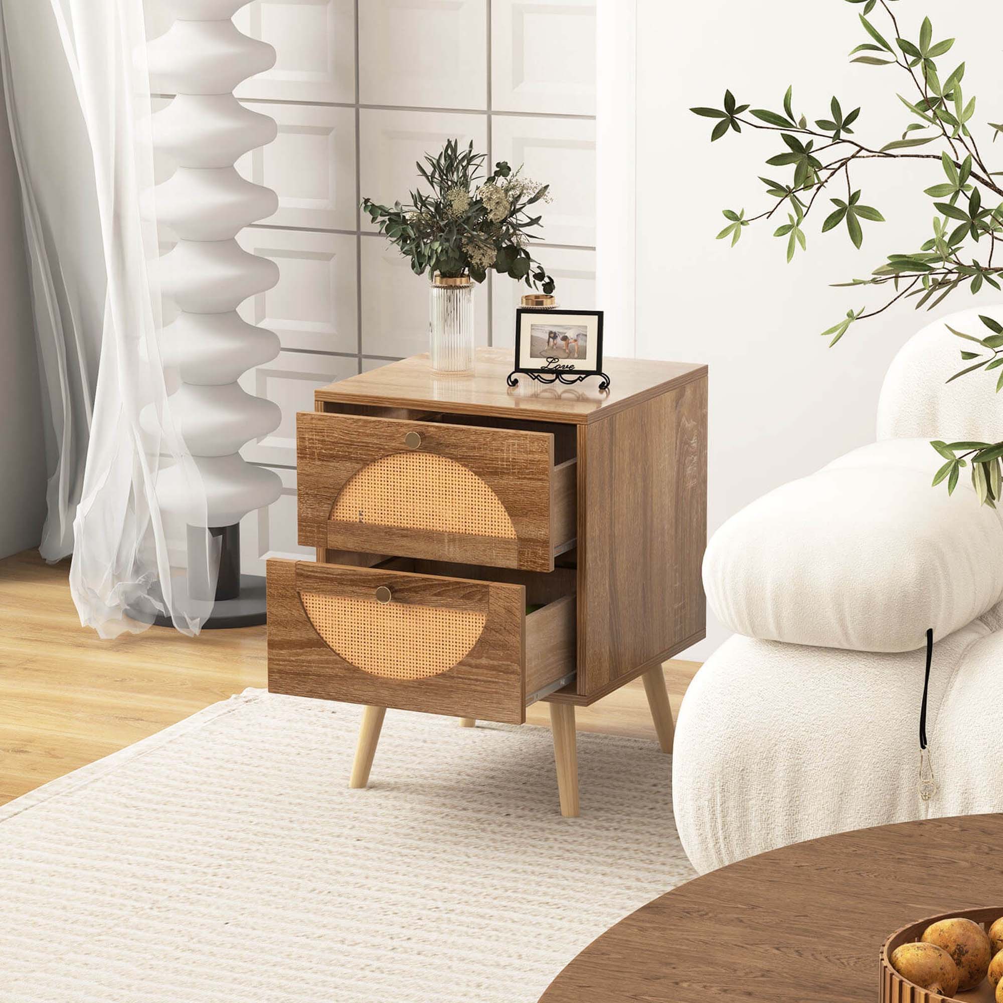 Alt View 4. Costway - Costway 2Pcs Rattan Nightstand with 2 Drawers Solid Wood Legs Compact Wood Coffee Table - Brown.