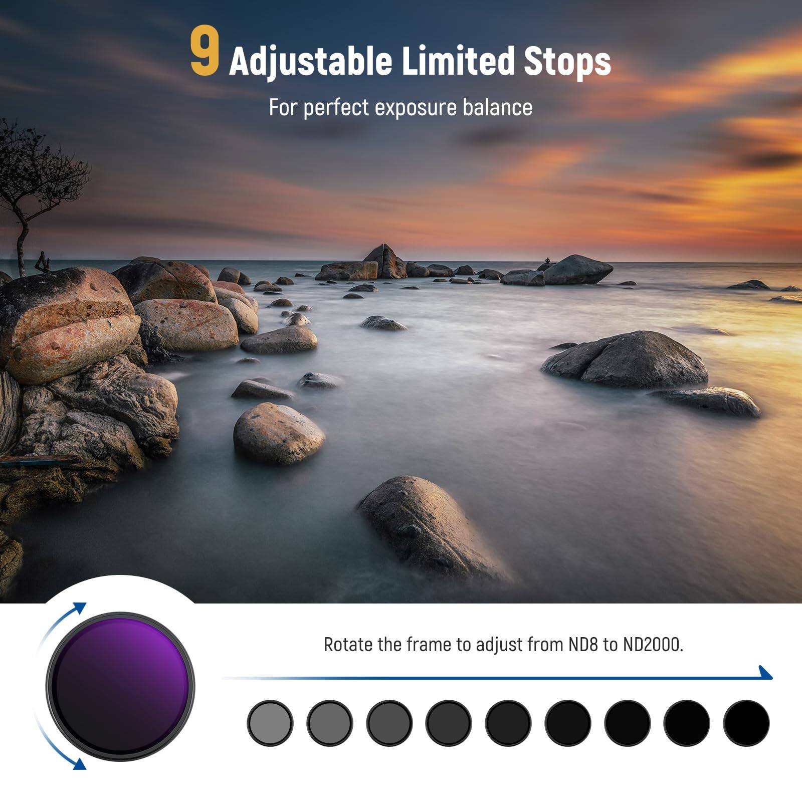 9 Adjustable Limited Stops  
For perfect exposure balance  

Rotate the frame to adjust from ND8 to ND2000.
