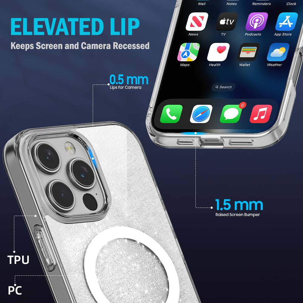 ELEVATED LIP  
Keeps Screen and Camera Recessed  

0.5 mm  
Lips for Camera  

1.5 mm  
Raised Screen Bumper  

TPU  
PC  

Mail  
Notes  
Reminders  
Clock  

News  
TV  
Podcasts  
App Store  

Maps  
Health  
Wallet  
Weather  

Search