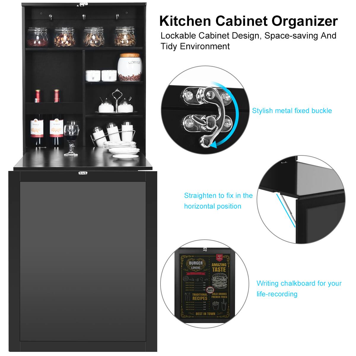 Kitchen Cabinet Organizer
Lockable Cabinet Design, Space-saving And Tidy Environment
Stylish metal fixed buckle
Straighten to fix in the horizontal position
Writing chalkboard for your life-recording