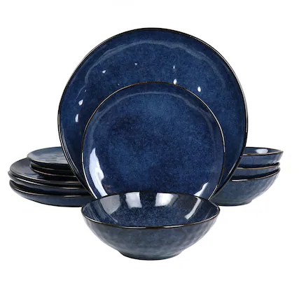 Front. Elama - Elama Samara 12 Piece Stoneware Dinnerware Set in Blue - Blue.