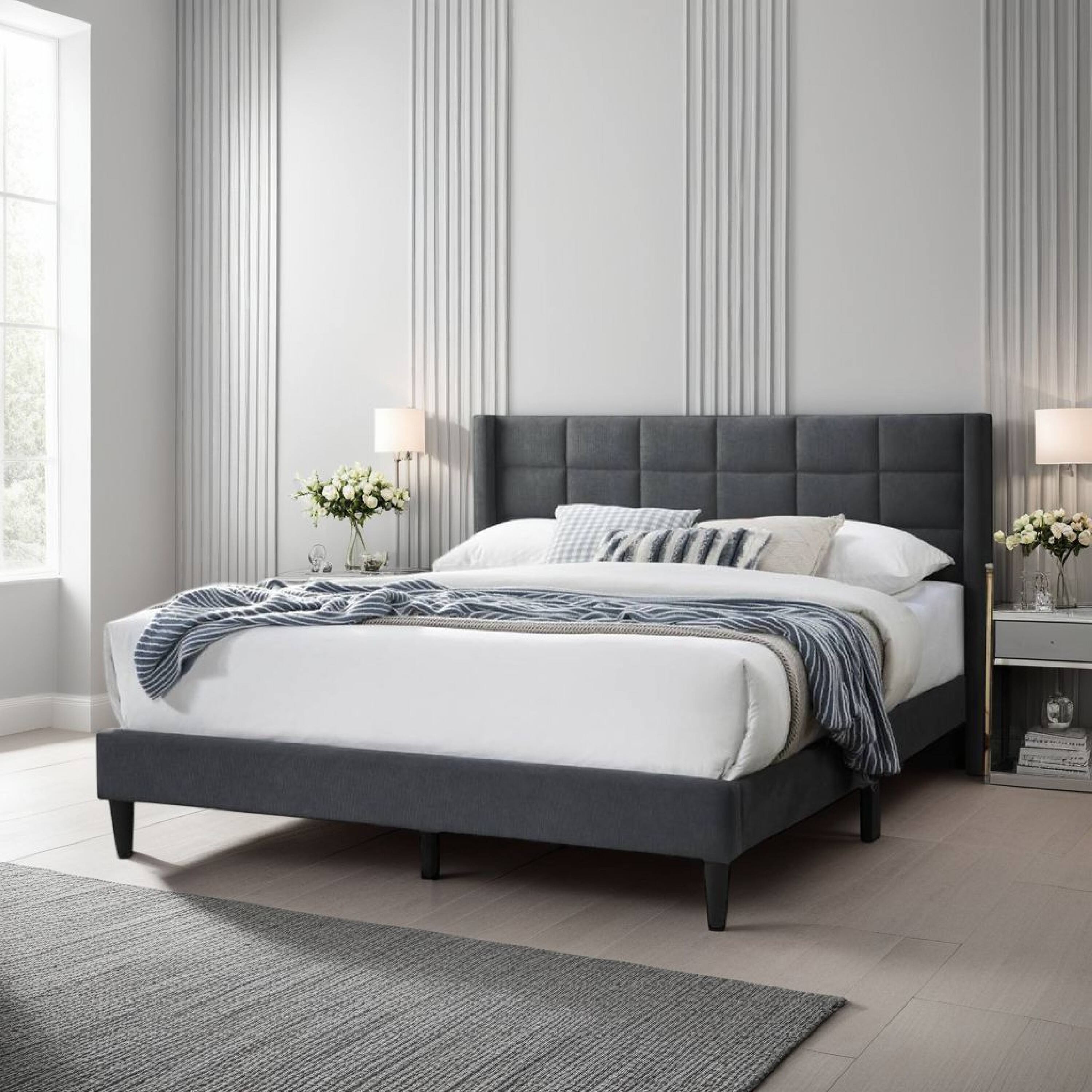 Alt View 5. Manhattan Lane - Meno Queen Size Bed, Square Stitched Charcoal Gray Linen Upholstery - Charcoal Gray, Black.