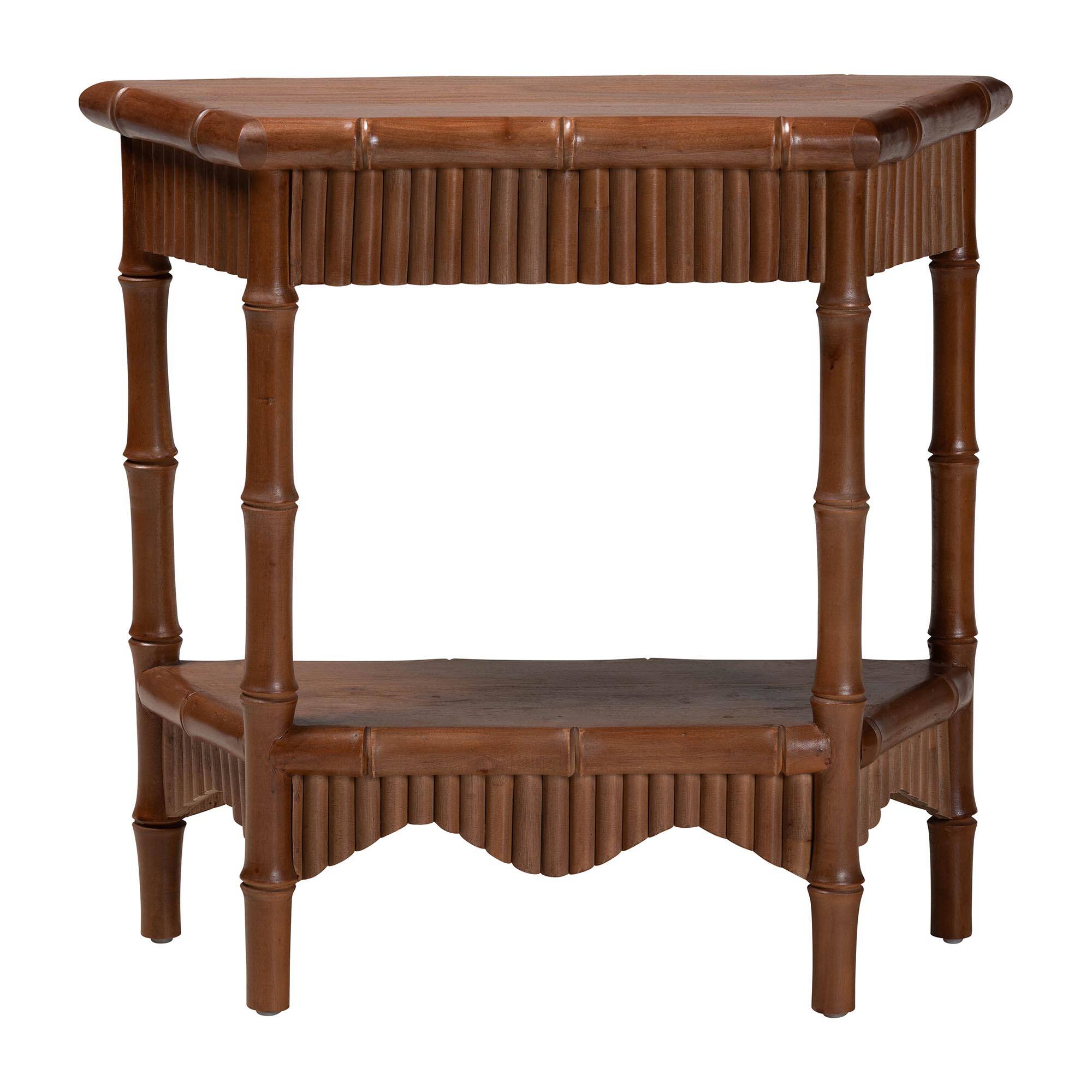 Angle. bali & pari - Alessa Mahogany Wood Console Table - Fluted Wood Accent Table with Bamboo Motif and Two-Tier Display, 32 in. - Mahogany Brown.