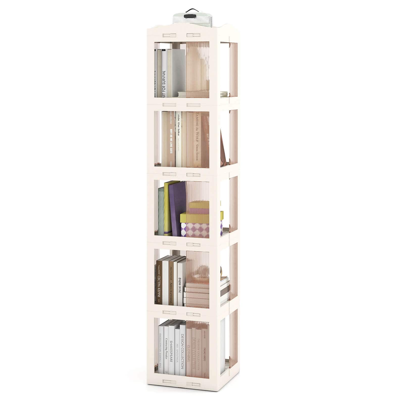 Costway - 360° Spinning Bookcase with Swivel Base, 5-Tier Revolving Bookshelf Tower for Study - White