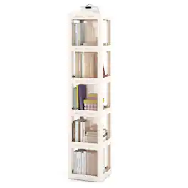 Costway - 360° Spinning Bookcase with Swivel Base, 5-Tier Revolving Bookshelf Tower for Study - White