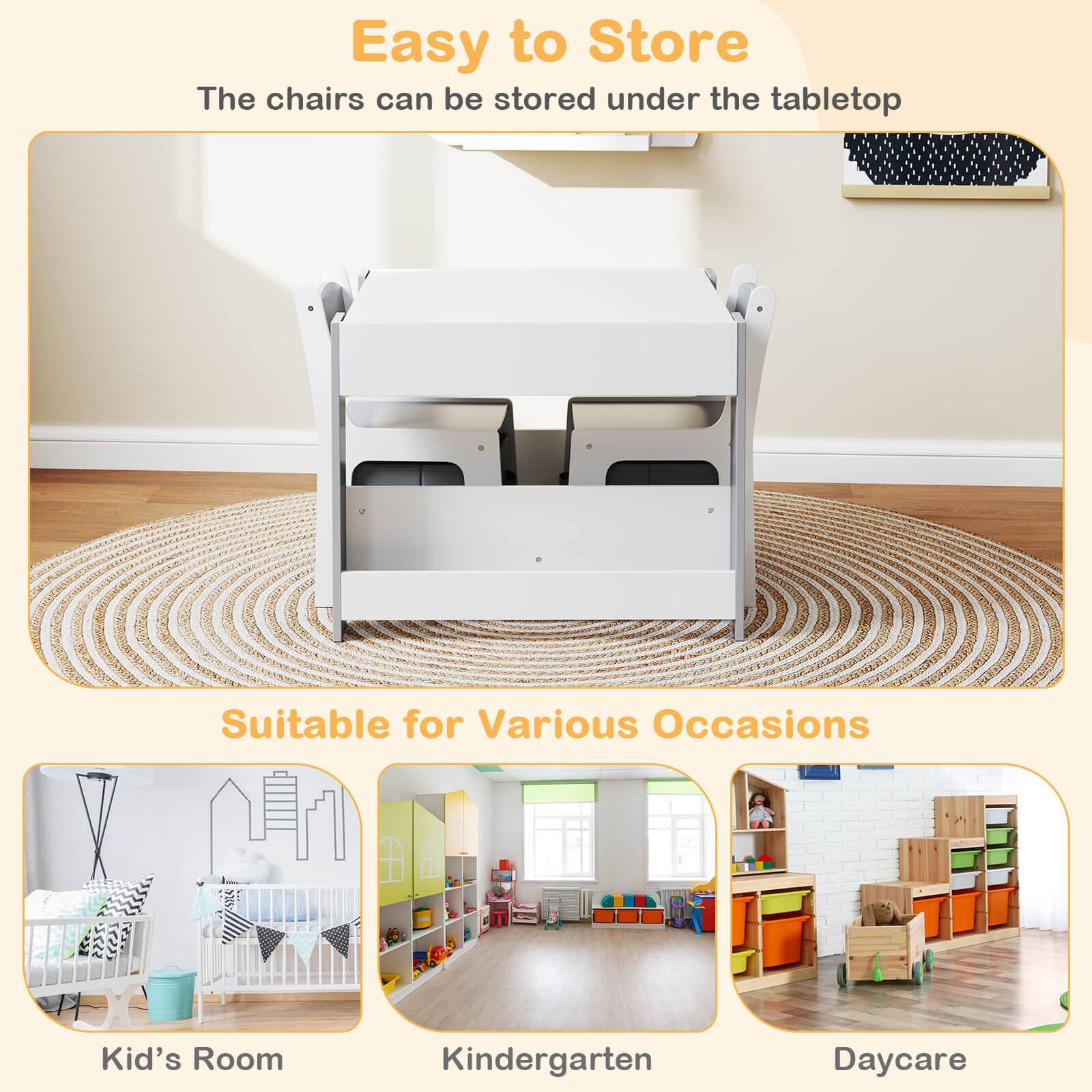 Easy to Store: The chairs can be stored under the tabletop. Suitable for Various Occasions: Kid's Room, Kindergarten, Daycare.