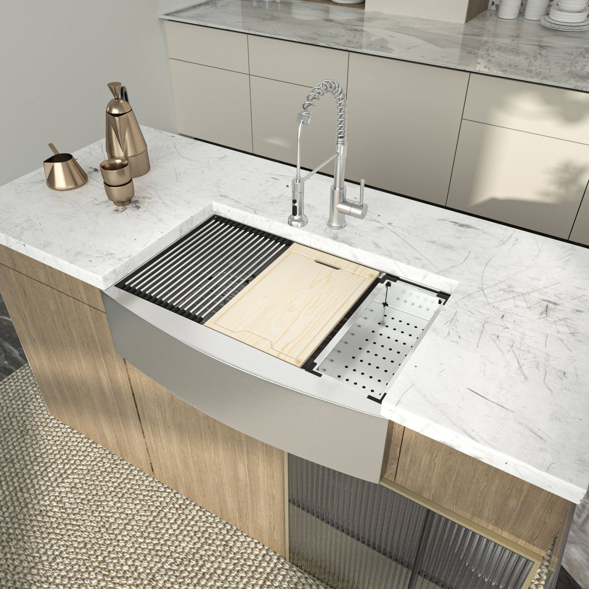 Left. Lordear - 33"x 21" x 9" Inch Apron Front Workstation Kitchen Sink Stainless Steel 16 gauge Sink - Stainless steel.