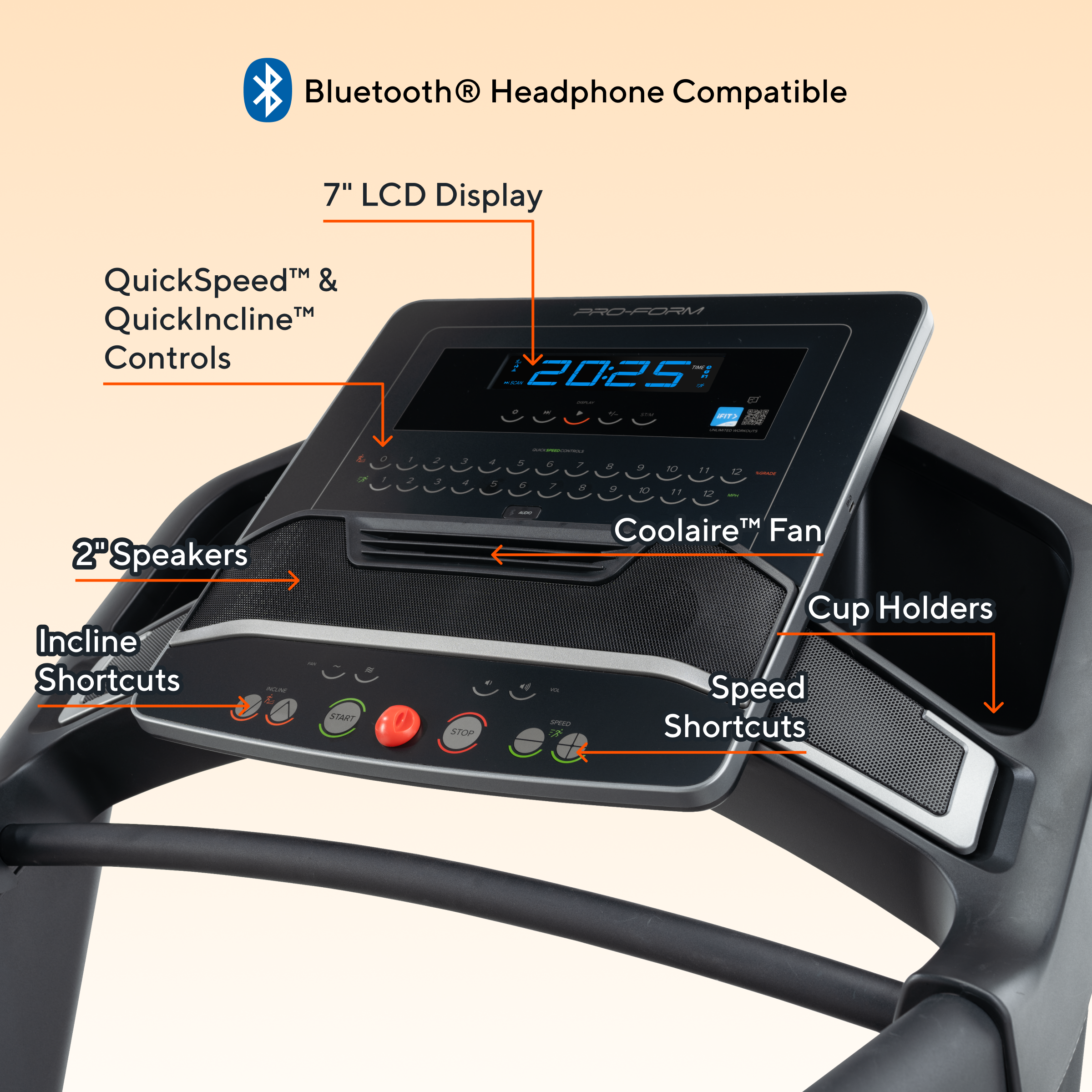 Bluetooth® Headphone Compatible

7" LCD Display

QuickSpeed™ & QuickIncline™ Controls

2" Speakers

Incline Shortcuts

Coolaire™ Fan

Speed Shortcuts

Cup Holders