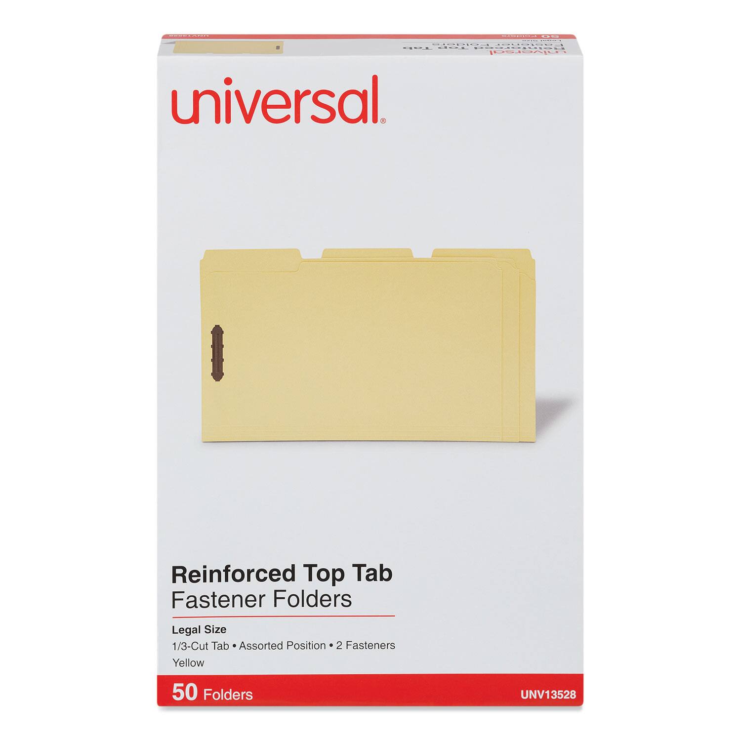 Universal  
Reinforced Top Tab Fastener Folders  
Legal Size  
1/3-Cut Tab • Assorted Position • 2 Fasteners  
Yellow  
50 Folders  
UNV13528