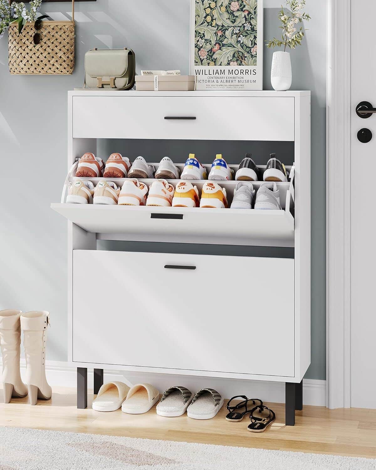GARVEE - Narrow Shoe Cabinet Storage for Entryway, 3 Drawers, Shoe Rack Storage with 3-Tier Adjustable Shelves - White