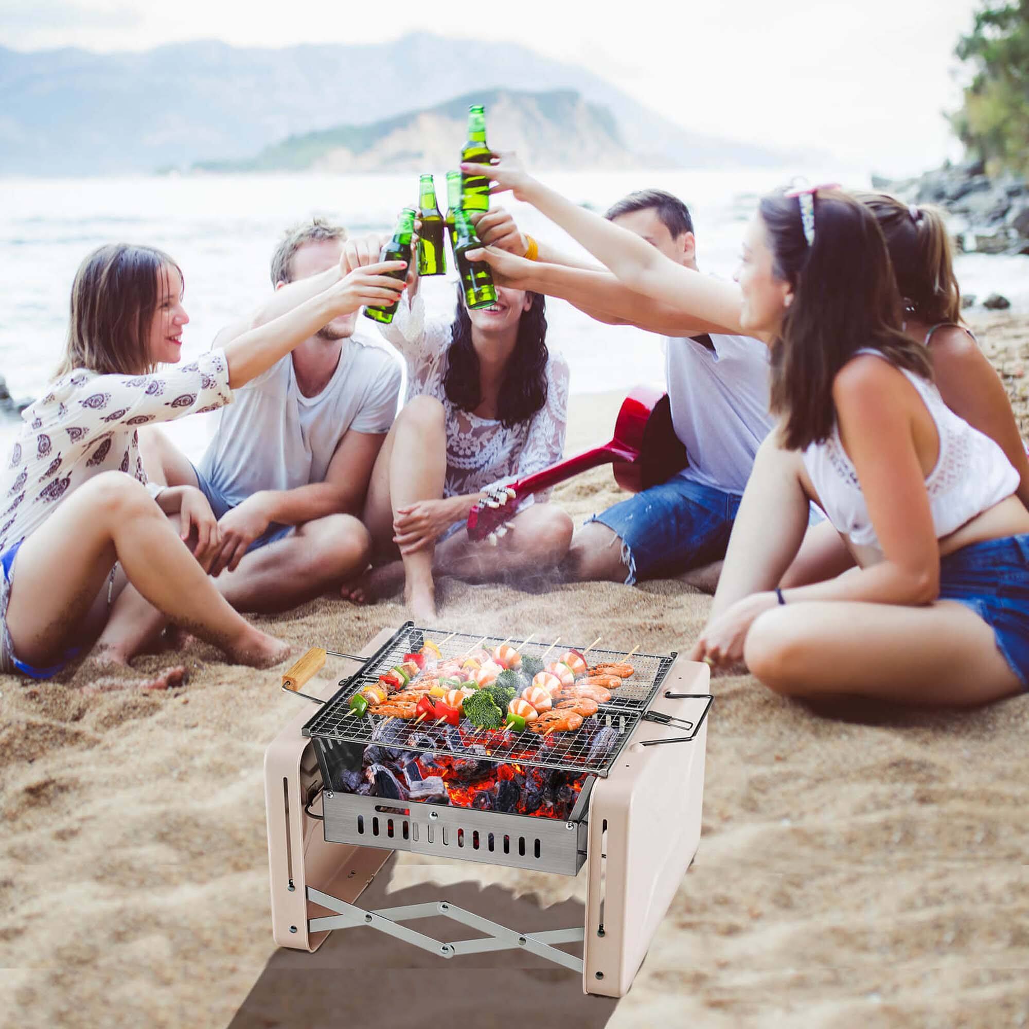 Alt View 12. Costway - Outdoor Charcoal Grill with 2 Stainless Steel Grill Nets Charcoal Box for Camping - Beige + Silver.