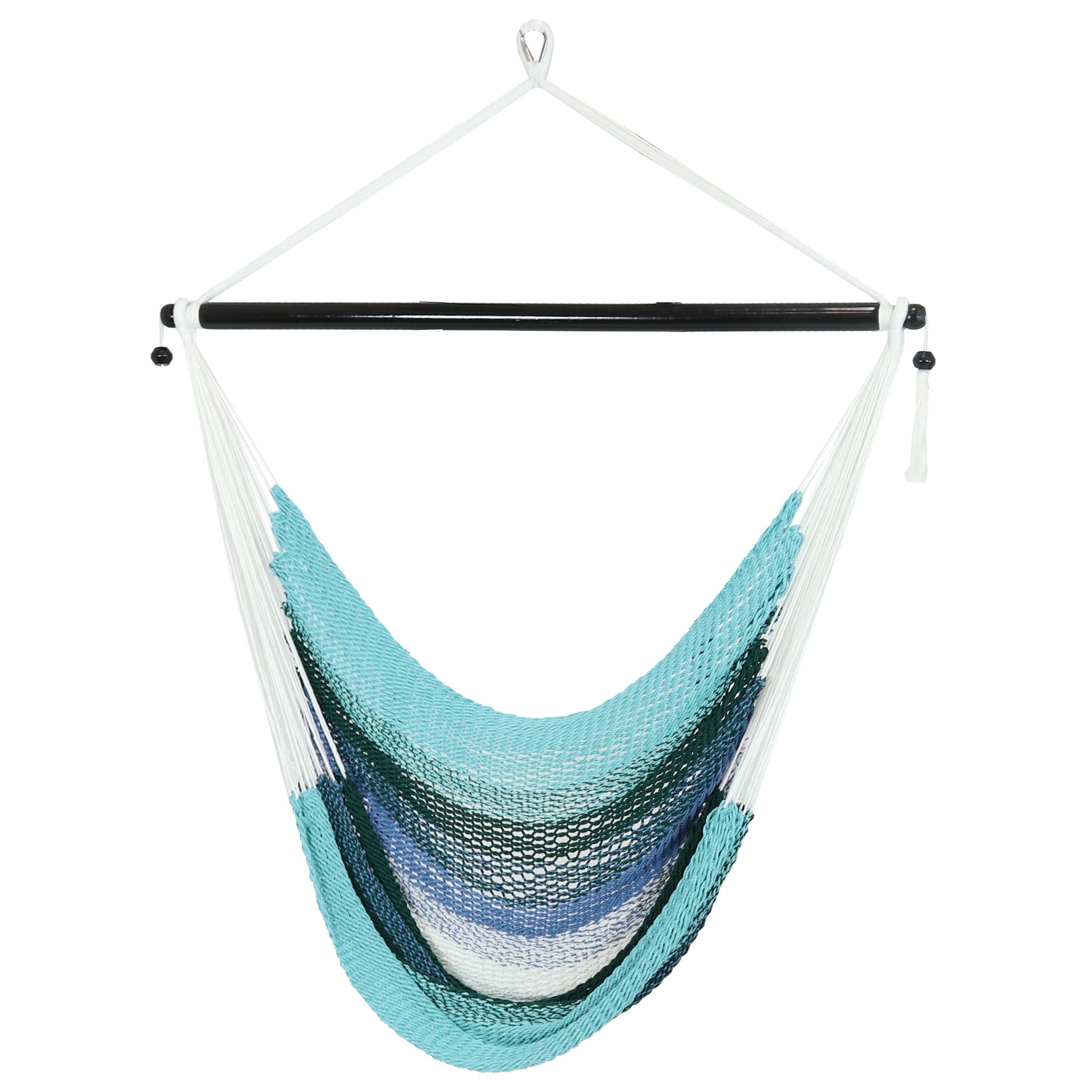 Front. Sunnydaze - Polyester Rope Hammock Chair with Cushions - Lagoon Stripes.