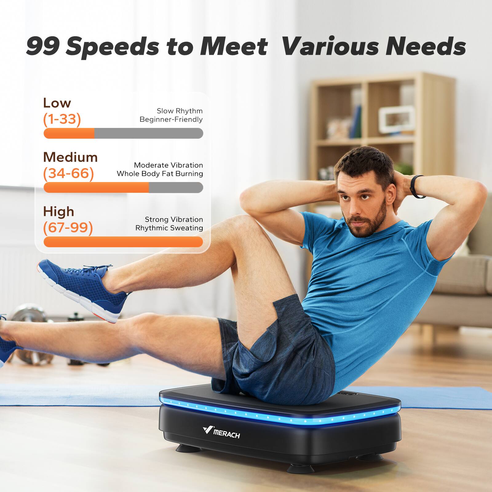 99 Speeds to Meet Various Needs

Low (1-33)  
Slow Rhythm  
Beginner-Friendly

Medium (34-66)  
Moderate Vibration  
Whole Body Fat Burning

High (67-99)  
Strong Vibration  
Rhythmic Sweating

MERACH
