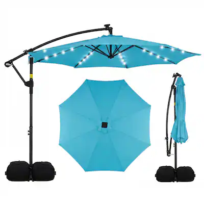 led offset patio umbrella HOMSHADE 10FT Solar Cantilever with Base Included, Beige convenient placement Costway 10 FT Solar Offset
