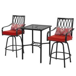 Nuu Garden - Outdoor 3PCS Metal Swivel Bar Set with Umbrella Hole and Padded Cushions - Black and Red