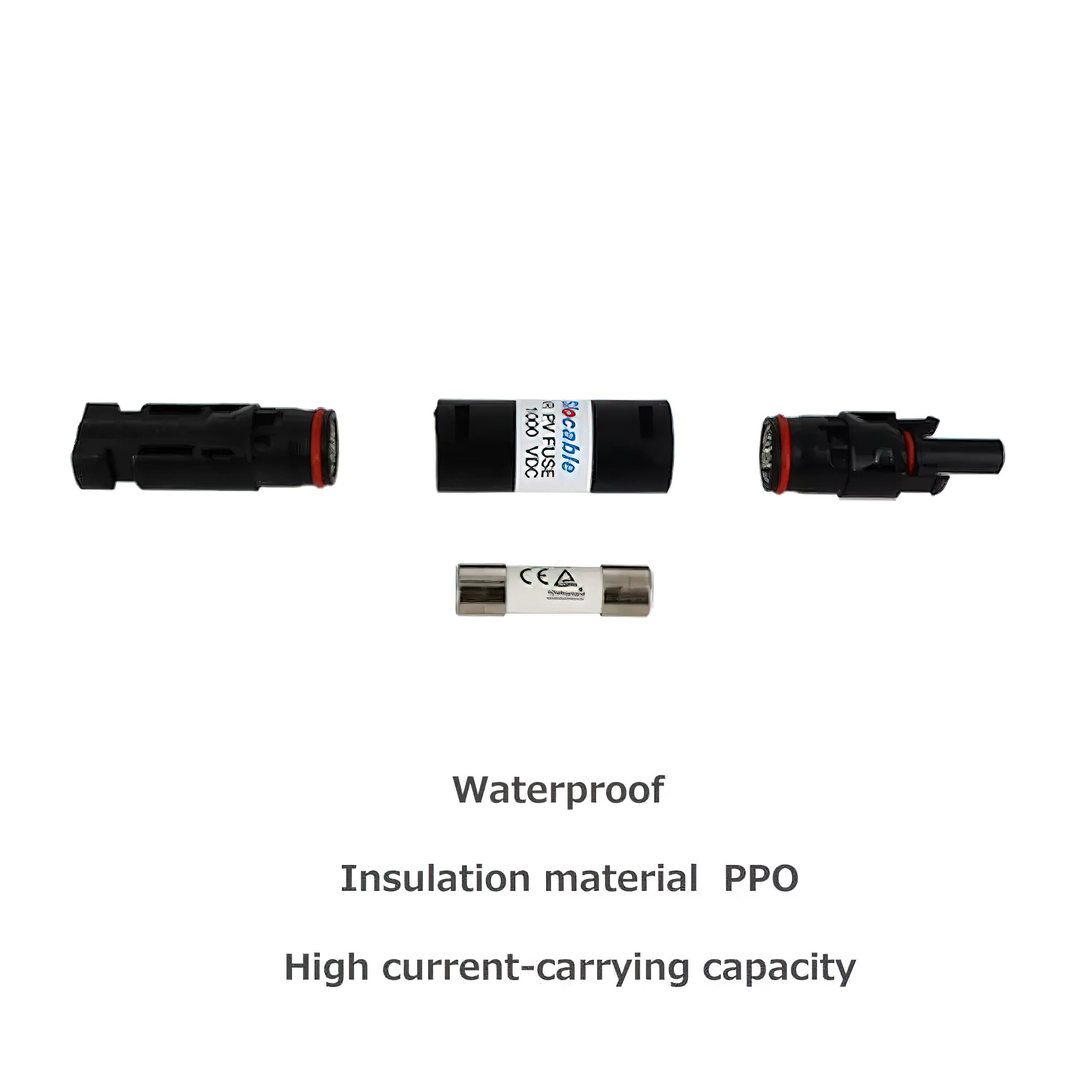 The text on the image reads: "3 1000 VDC R PVFUSE Socable Waterproof Insulation material PPO High current-carrying capacity."