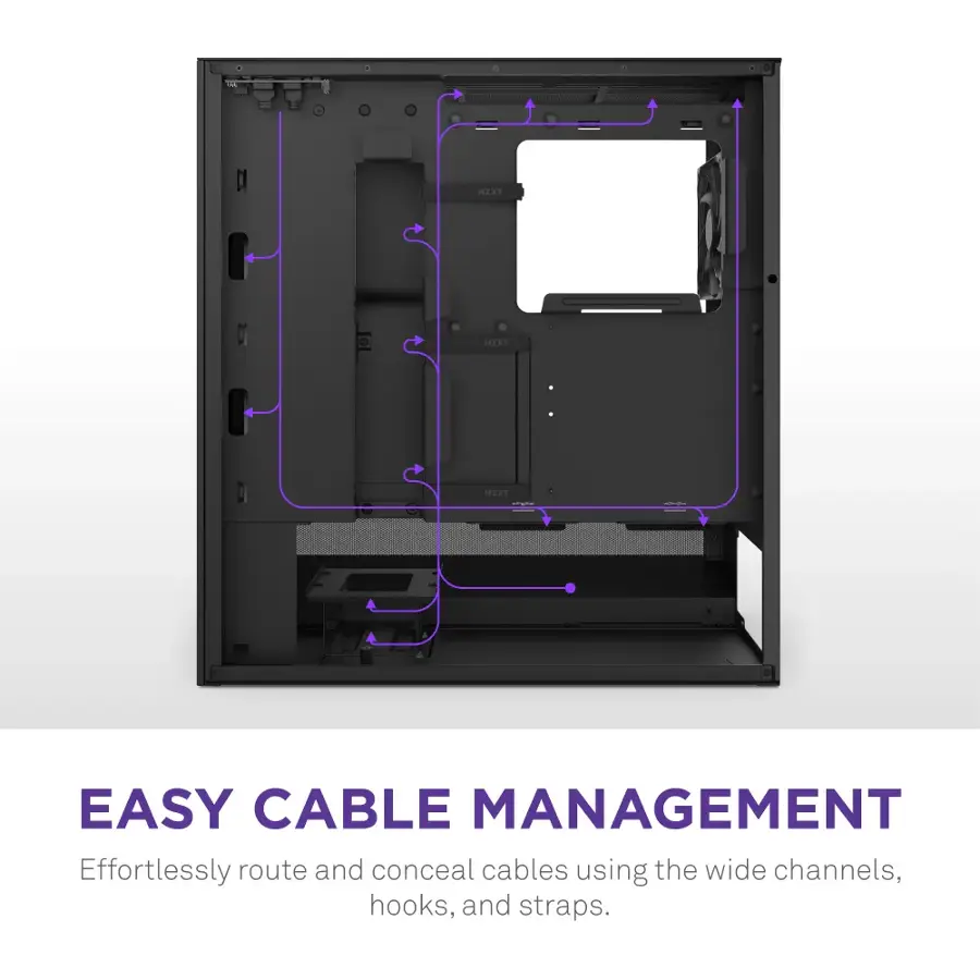 A. Next here is Easy Cable Management. Effortlessly route and conceal cables using the wide channels, hooks, and straps.