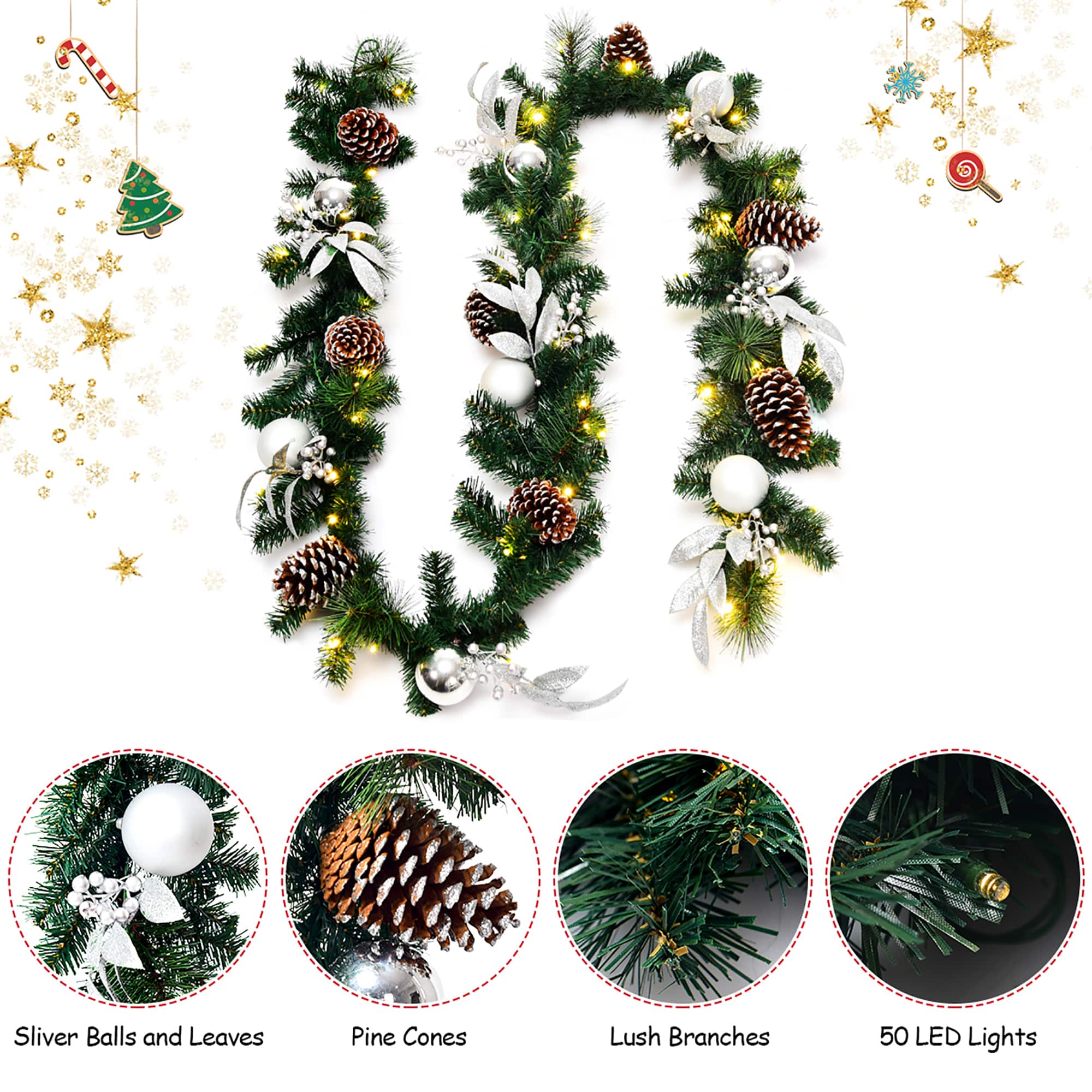 Silver Balls and Leaves, Pine Cones, Lush Branches, 50 LED Lights.