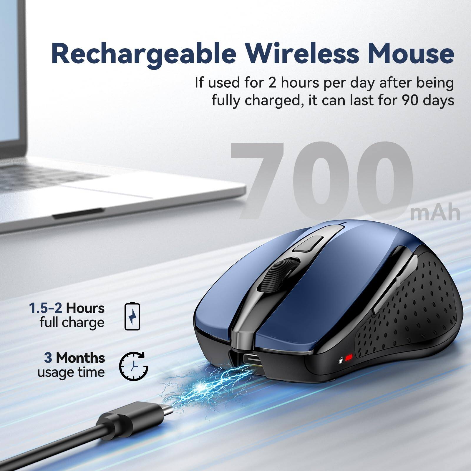 Rechargeable Wireless Mouse

If used for 2 hours per day after being fully charged, it can last for 90 days

700 mAh

1.5-2 Hours full charge

3 Months usage time