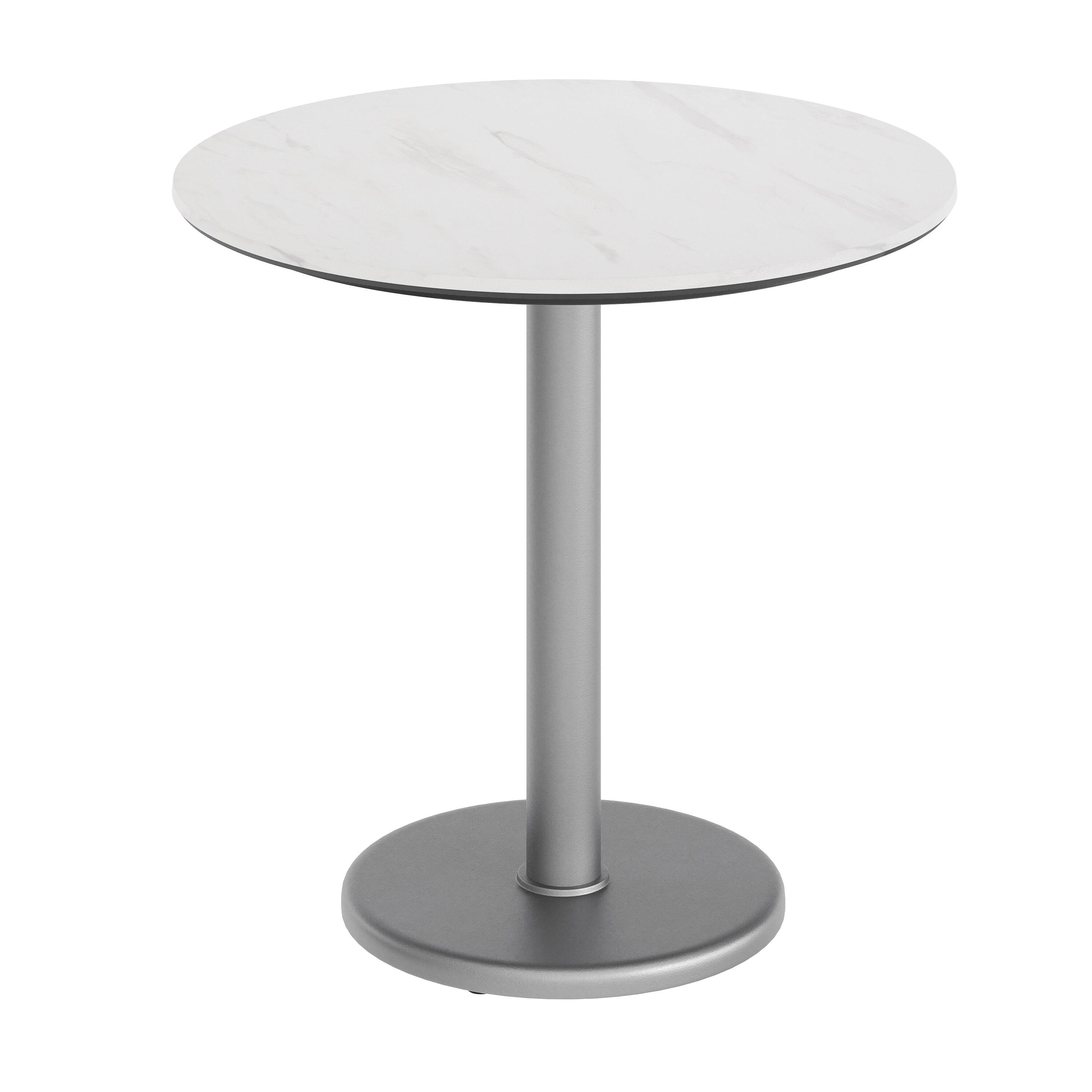 Front. Emma + Oliver - PureShield Indoor Outdoor Tabletop with Seam-Free Surface Innovation and Cast Iron Bistro Table Base - White Faux Marble/Silver Base.