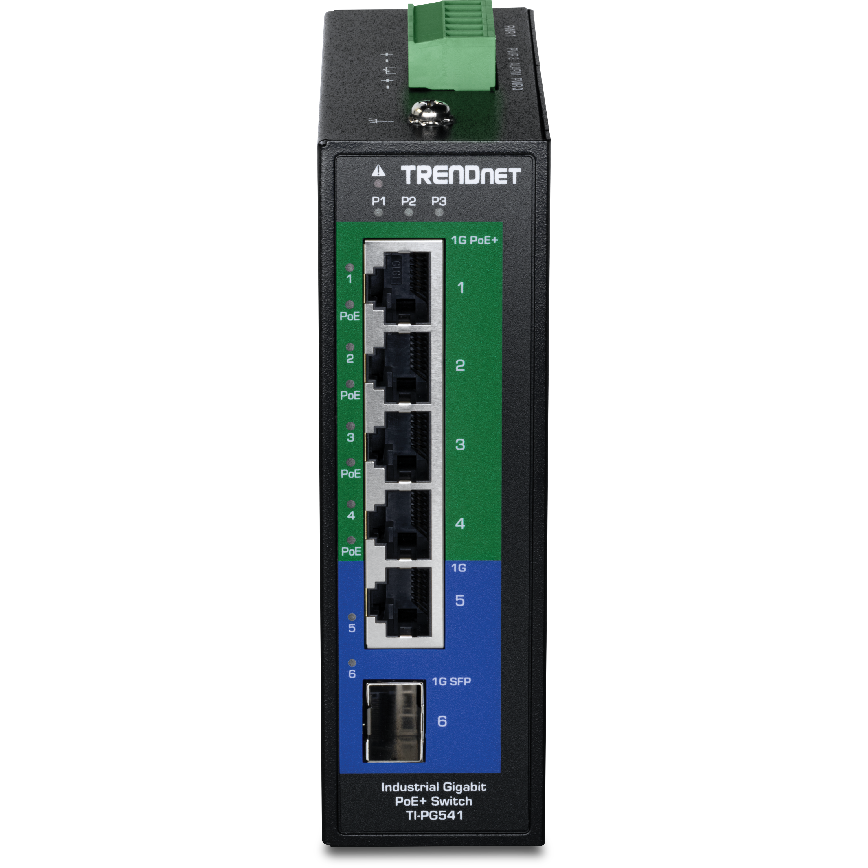 TRENDNET P1 P2 P3 1G PoE+ 1 1 PoE 2 2 PoE 3 3 PoE 4 4 PoE 1G 5 5 6 1G SFP 6 Industrial Gigabit PoE+ Switch TI-PG541