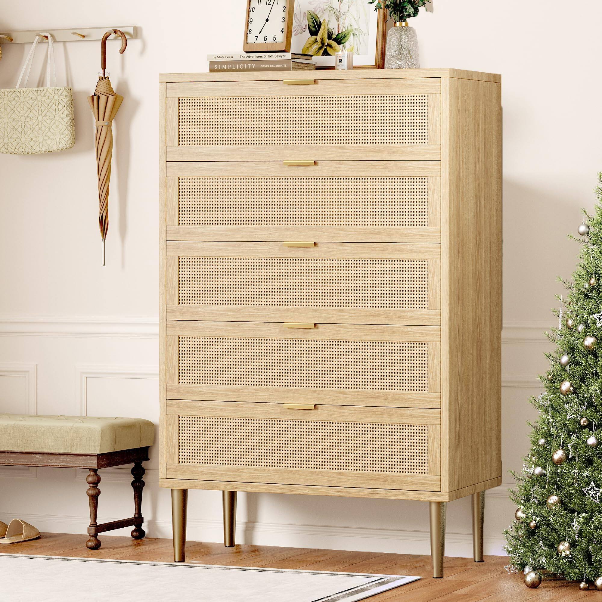 Alt View 1. GARVEE - Modern Rattan Dresser, 44" Wide 5 Drawer Chest with Gold Legs and Spacious Tabletop - Brown.