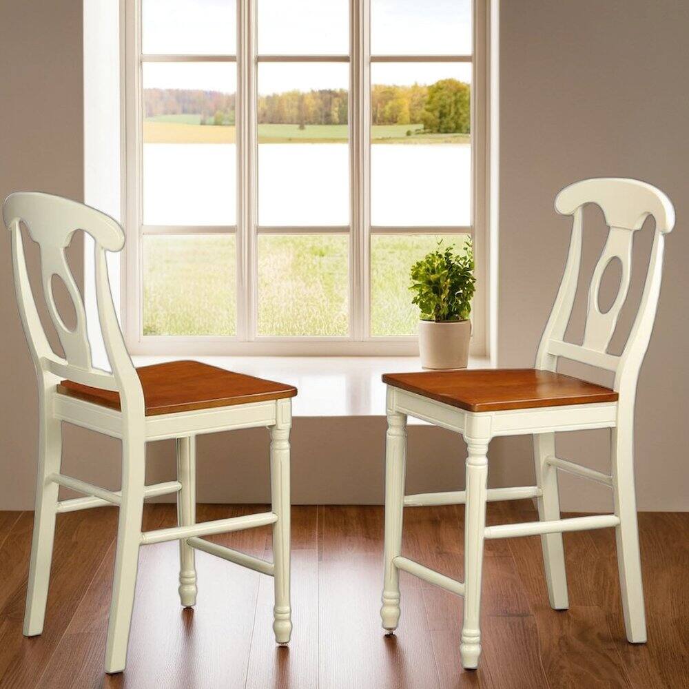 Angle. FurniFact - Elegant Wooden Counter Height Chairs with Backrest – Set of Two - Buttermilk & Cherry.