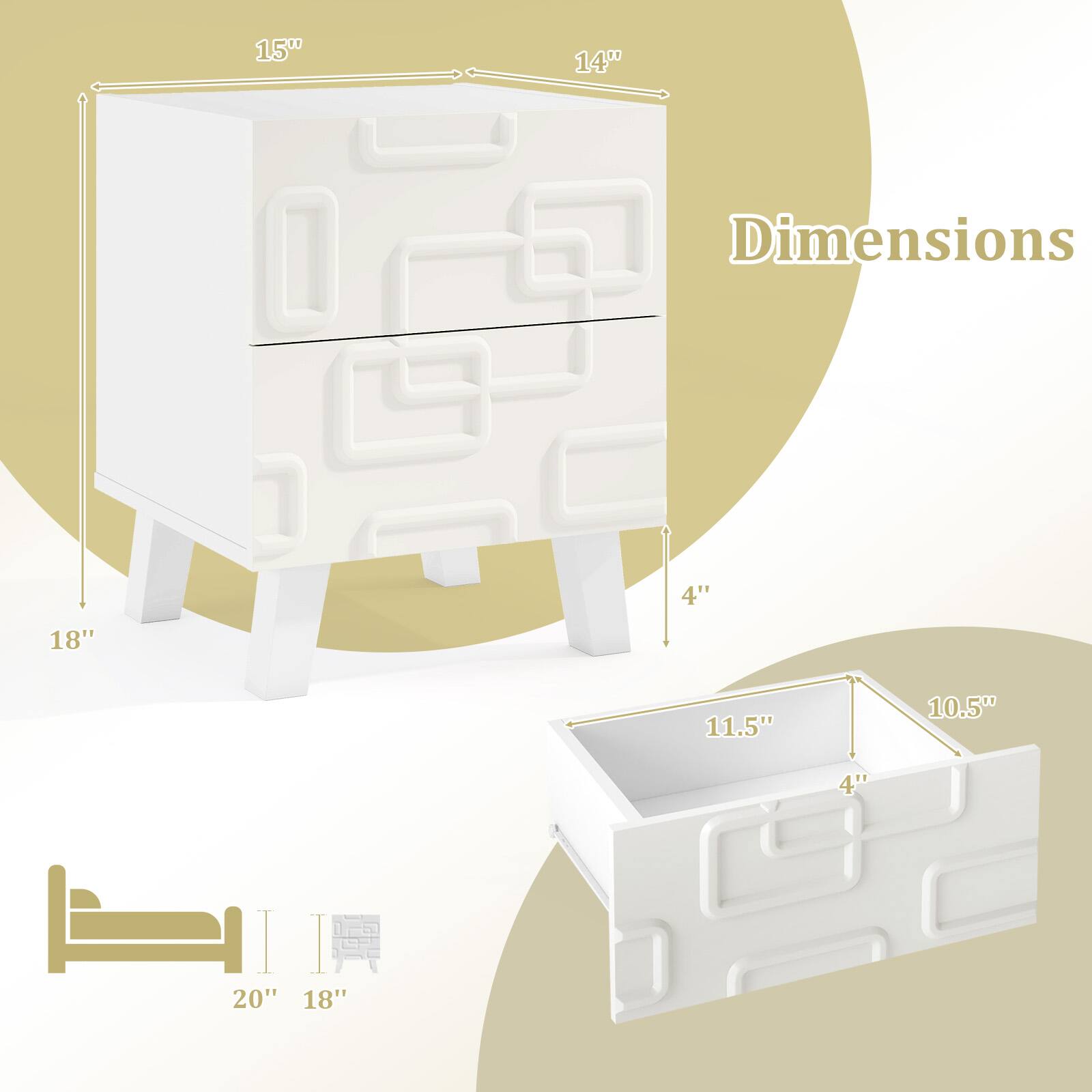 Dimensions

- 15" x 14" x 18"
- 11.5" x 10.5" x 4"
- 20" x 18"