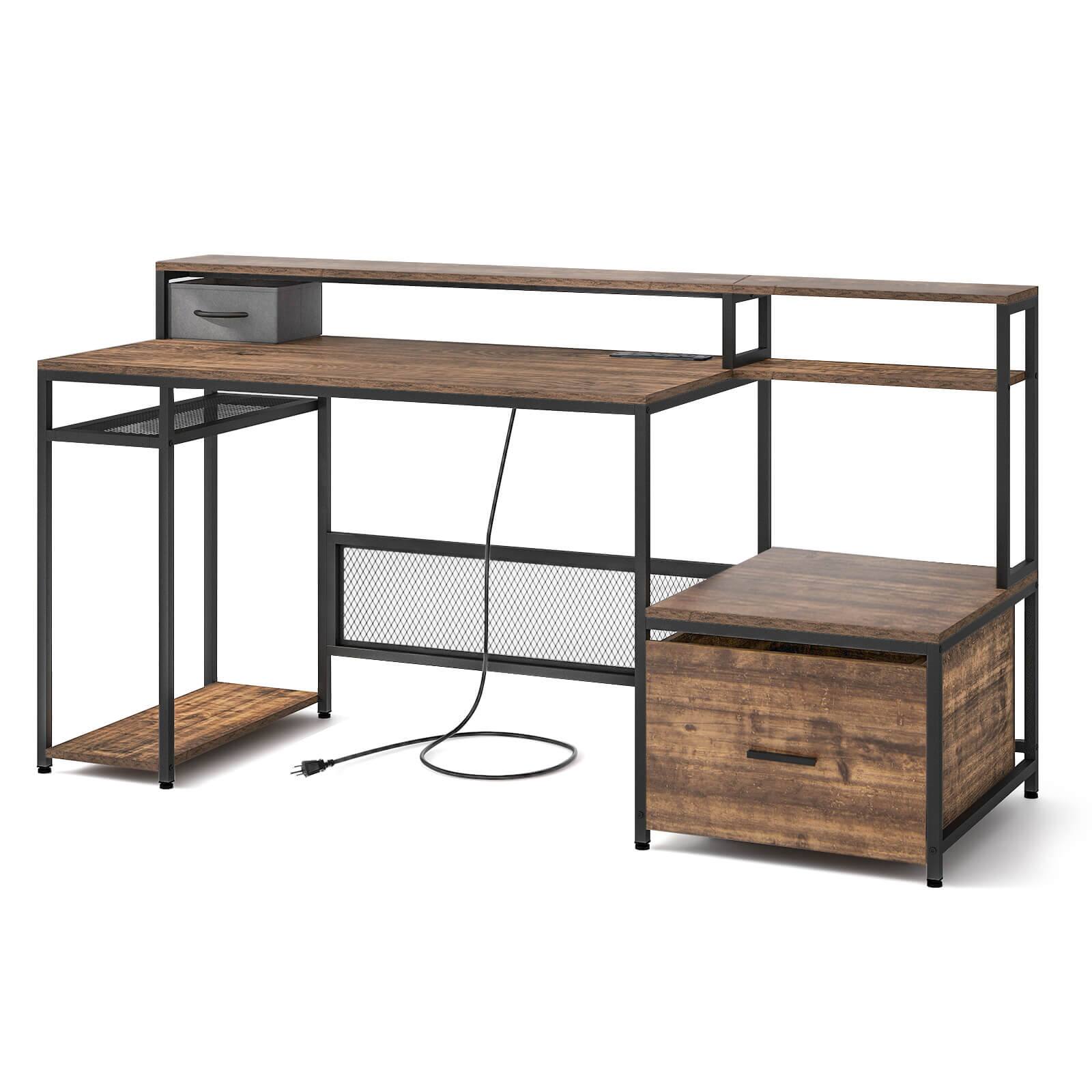 Costway - Computer Desk with Monitor Stand and File Drawer - 67" Wide - Rustic Brown and Black