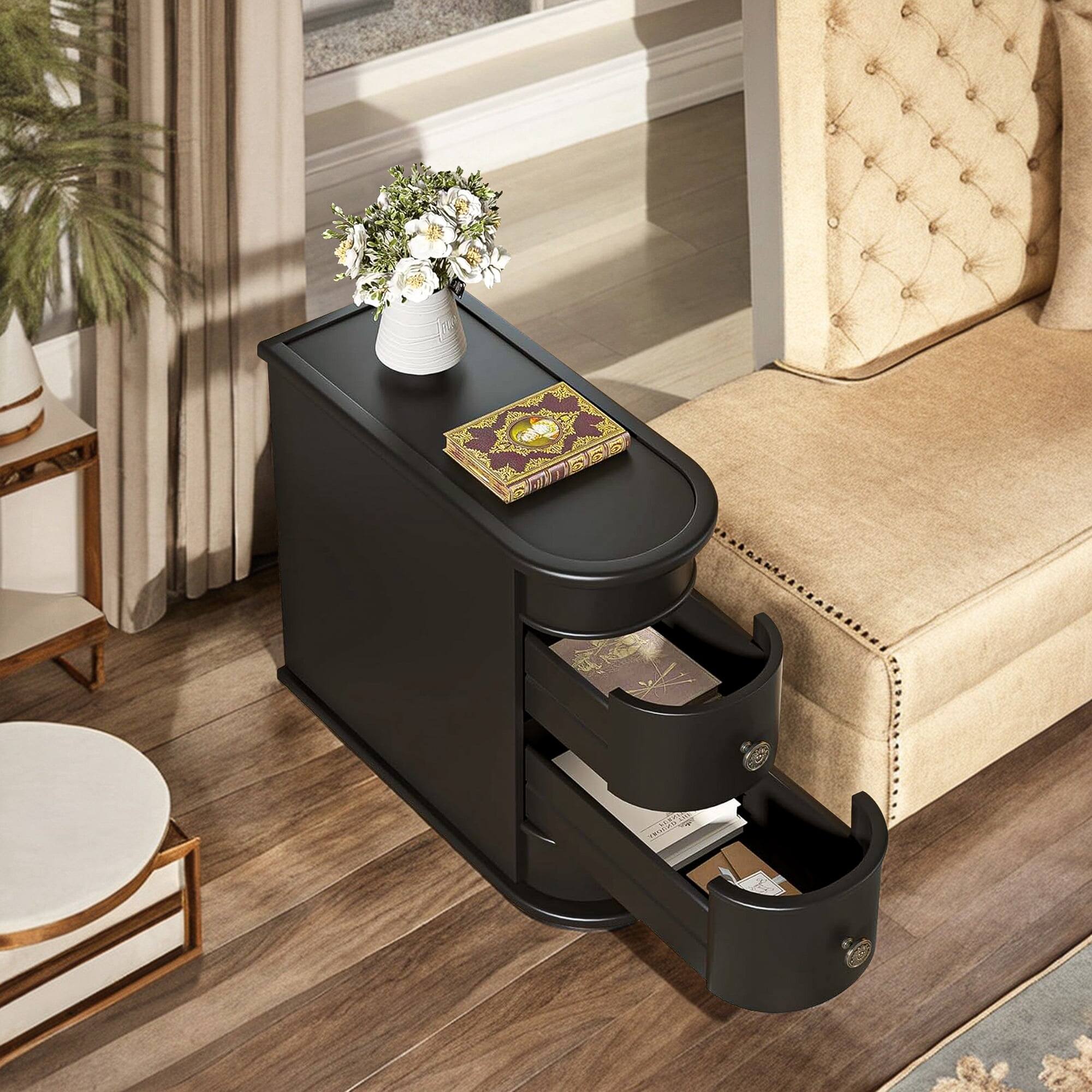 Angle. Kadyn - Kadyn Wood End Table with 2 Drawers, No Assembly Required Vintage Slim Nightstand Bedside Table for Bedroom - Black.