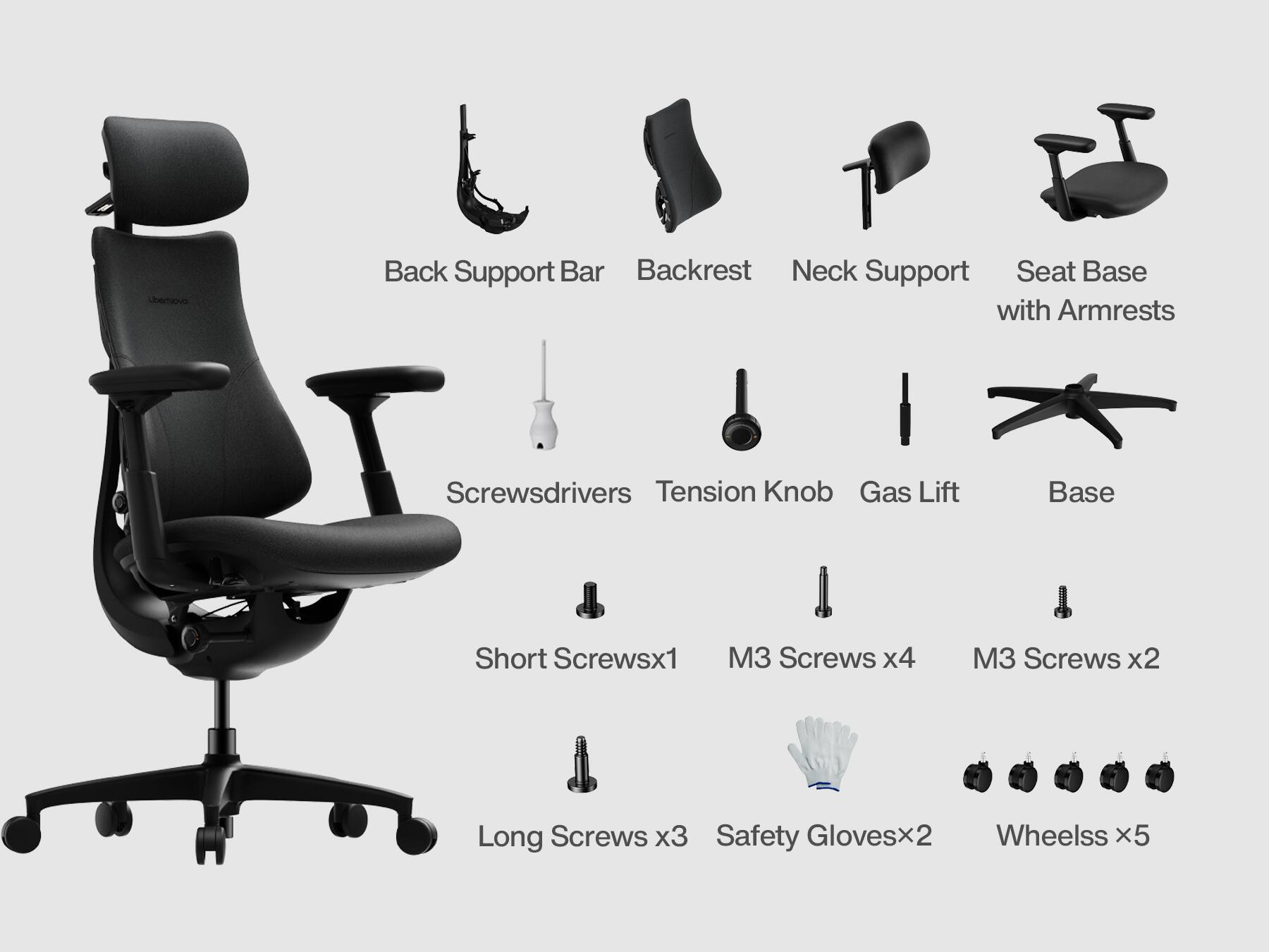 Uberhiovo  
Back Support Bar Backrest Neck Support Seat Base with Armrests  
Screwsdrivers Tension Knob Gas Lift  
Base  
Short Screws x1  
M3 Screws x4  
M3 Screws x2  
Long Screws x3  
Safety Gloves x2  
Wheels x5