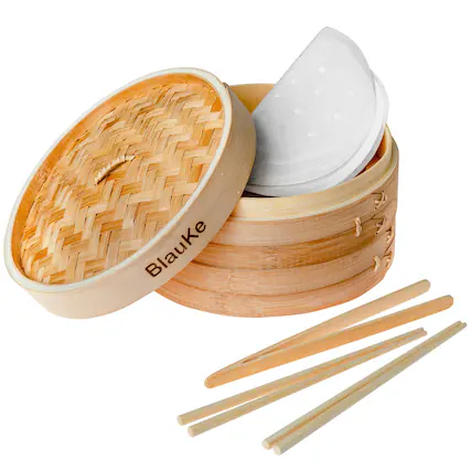 Front. BlauKe - Bamboo Steamer for Cooking Dumplings, Veggies, Fish, Rice - 2 Pairs Chopsticks, Tongs, 50 Paper Liners - Beige.