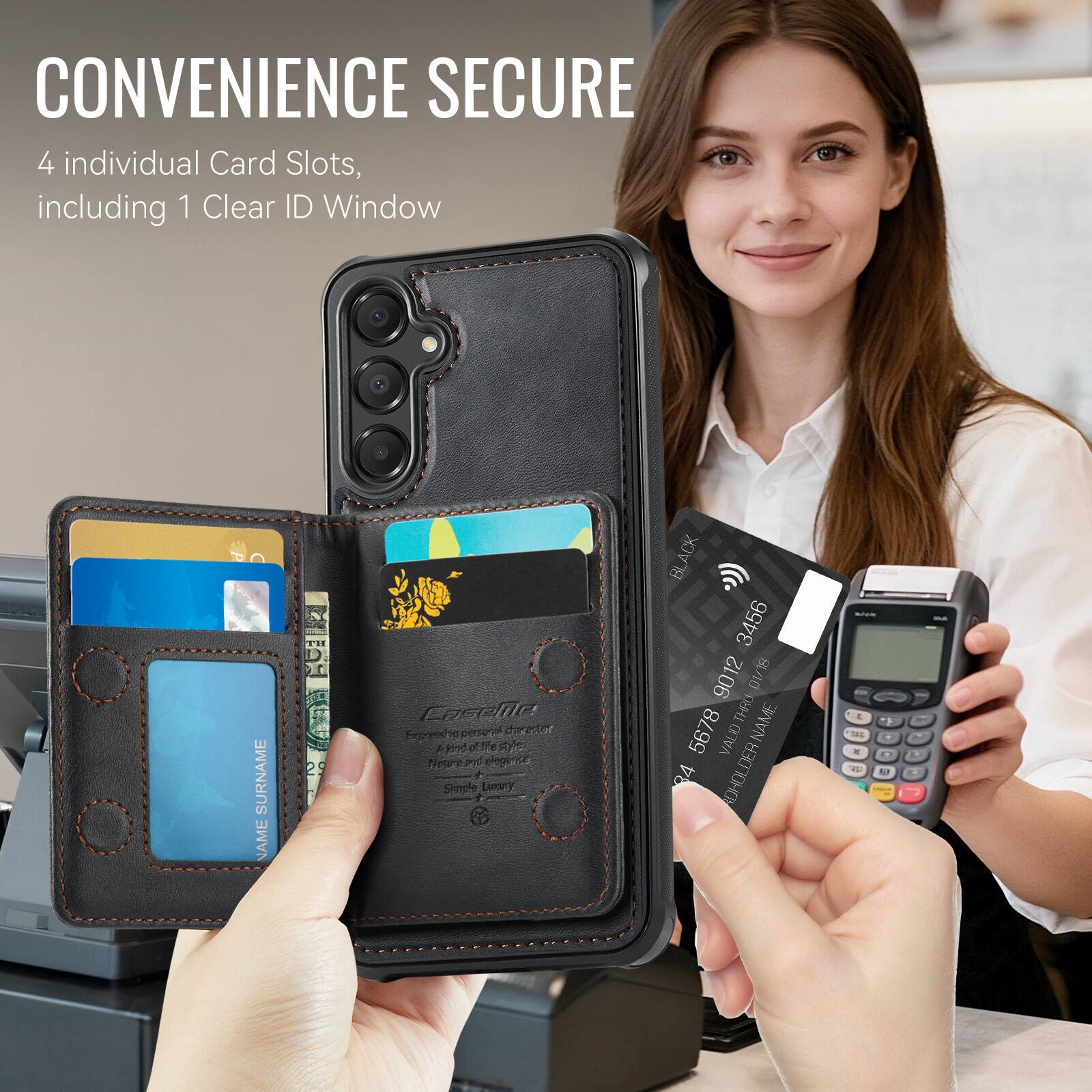 CONVENIENCE SECURE  
4 individual Card Slots, including 1 Clear ID Window  

SURNAME NAME  
FRE 0 29  
Cosehe perpocal de rr Expresshg F o o ofes it Nhooe  
PP elegeece 2 Smople LuAry  
ACK BL 3456 9012 8/10 THRU NAME 5678 D VALID 84 ADHOLDER