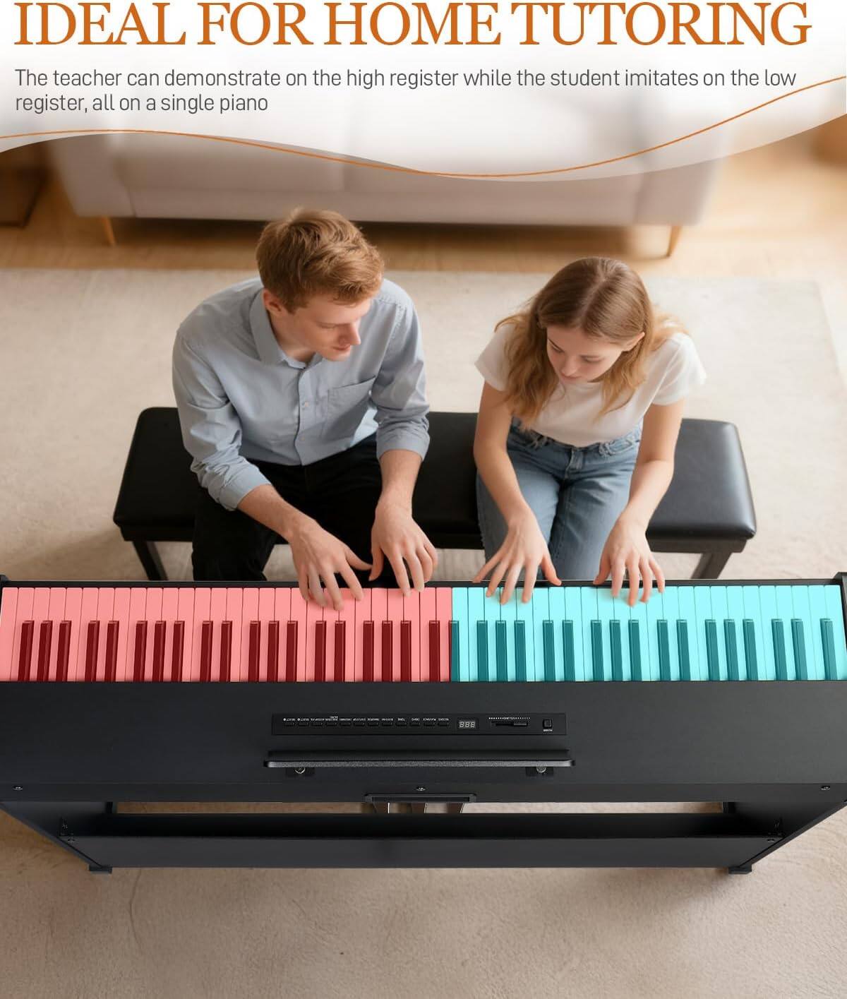 IDEAL FOR HOME TUTORING

The teacher can demonstrate on the high register while the student imitates on the low register, all on a single piano