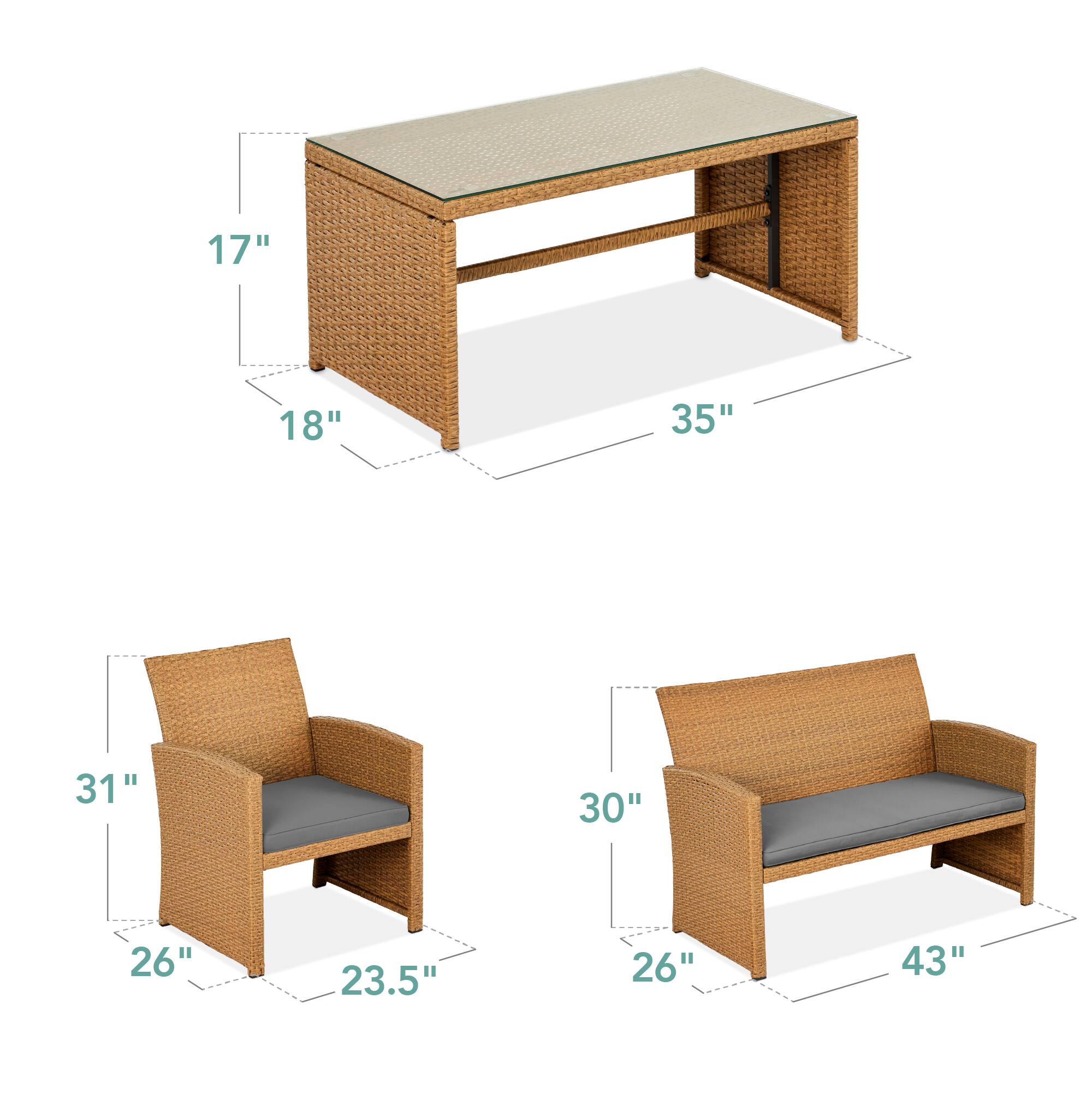- Table: 17" x 18" x 35"
- Armchair: 31" x 26" x 23.5"
- Sofa: 30" x 26" x 43"