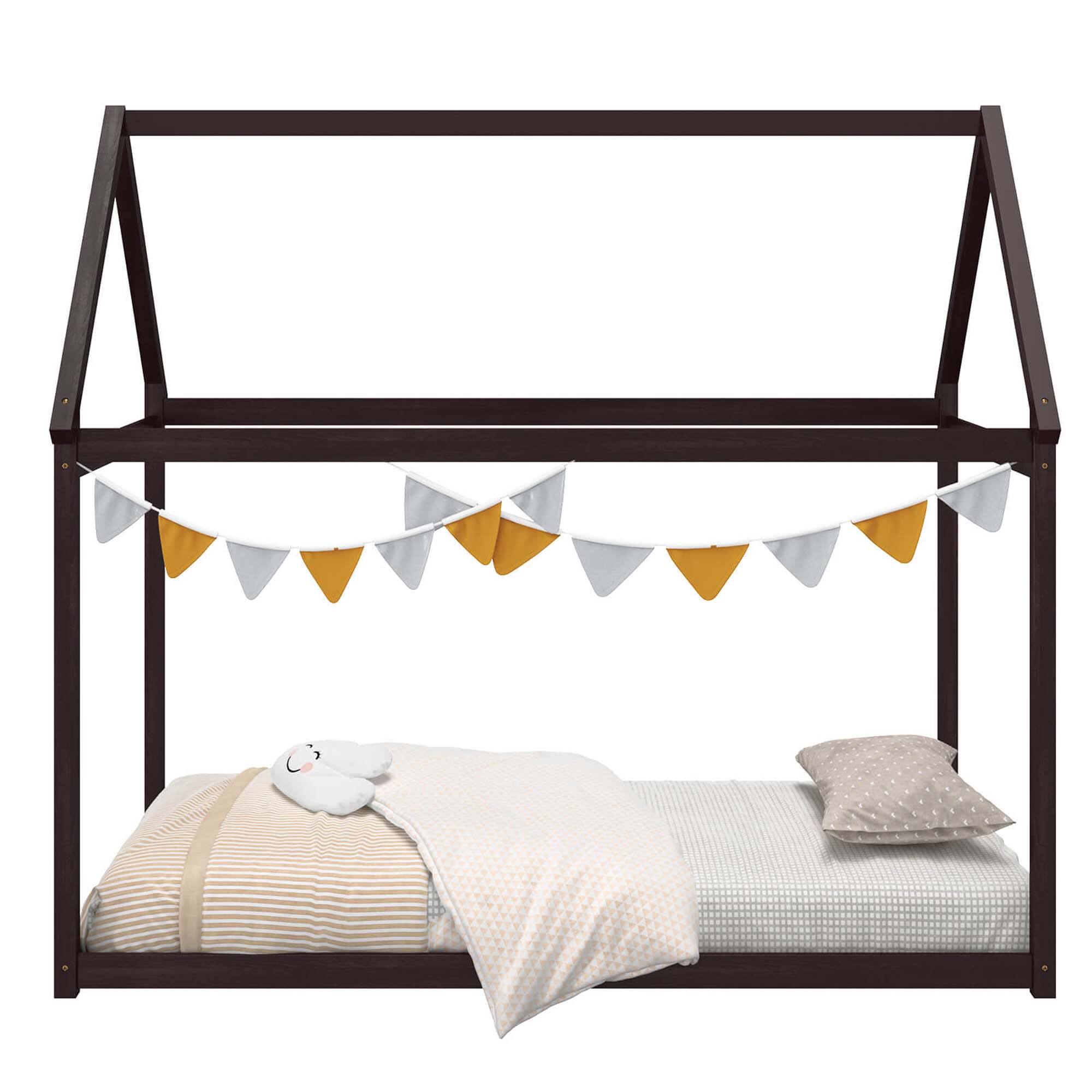 Alt View 9. Costway - Costway Twin House Bed Wood Frame with Roof for Kids Toddler No Box Spring - Brown.