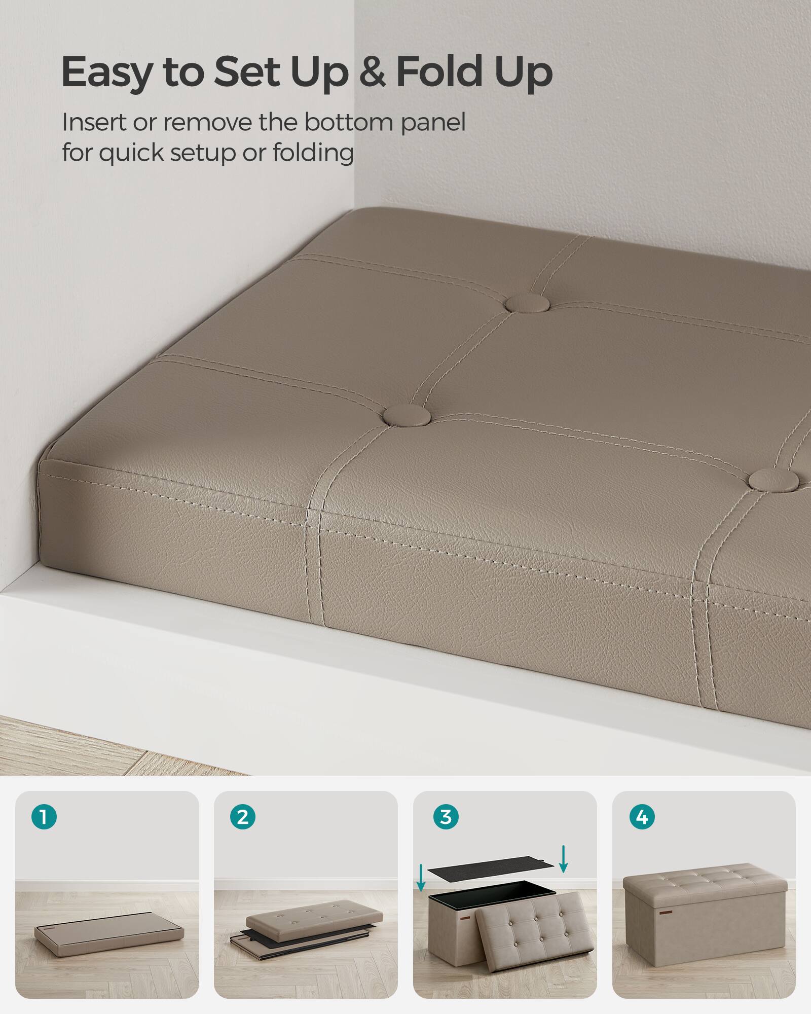 Easy to Set Up & Fold Up

Insert or remove the bottom panel for quick setup or folding

1. [Image of a flat panel]
2. [Image of a folded panel]
3. [Image of a partially assembled piece]
4. [Image of a fully assembled piece]