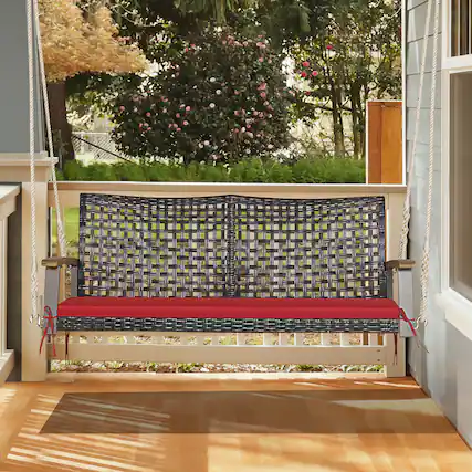 Front. Gymax - Gymax 2-Seat Rattan Porch Swing Chair Outdoor Wicker Swing Bench W/ Seat Cushion Red - Red.