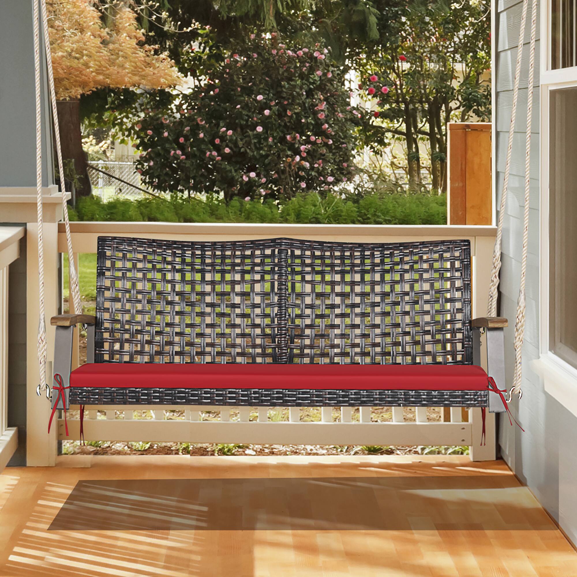 Front. Gymax - Gymax 2-Seat Rattan Porch Swing Chair Outdoor Wicker Swing Bench W/ Seat Cushion Red - Red.